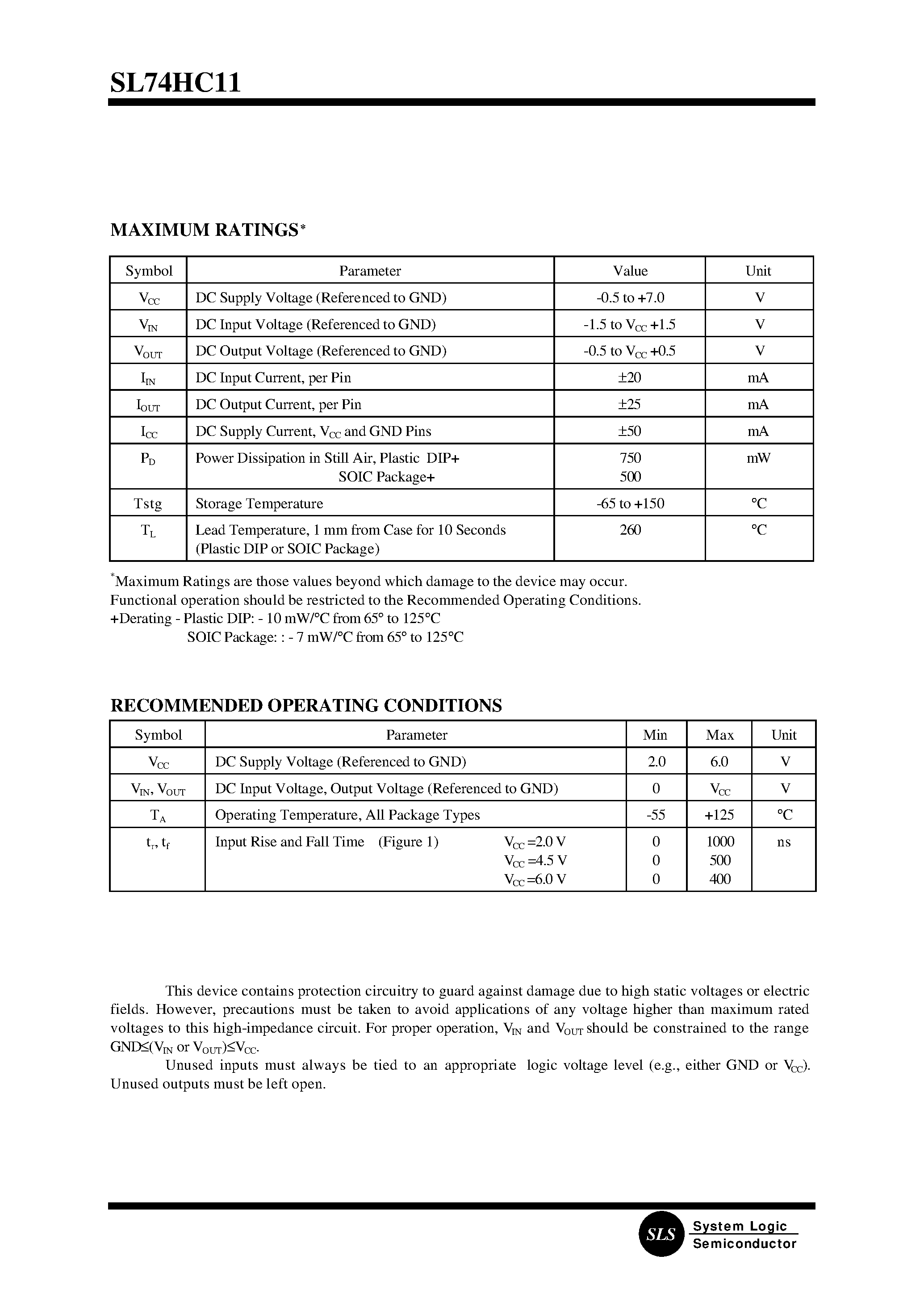 Datasheet SL74HC11N page 2 Datasheet SL74HC11N - Triple 3-Input AND Gate page 2