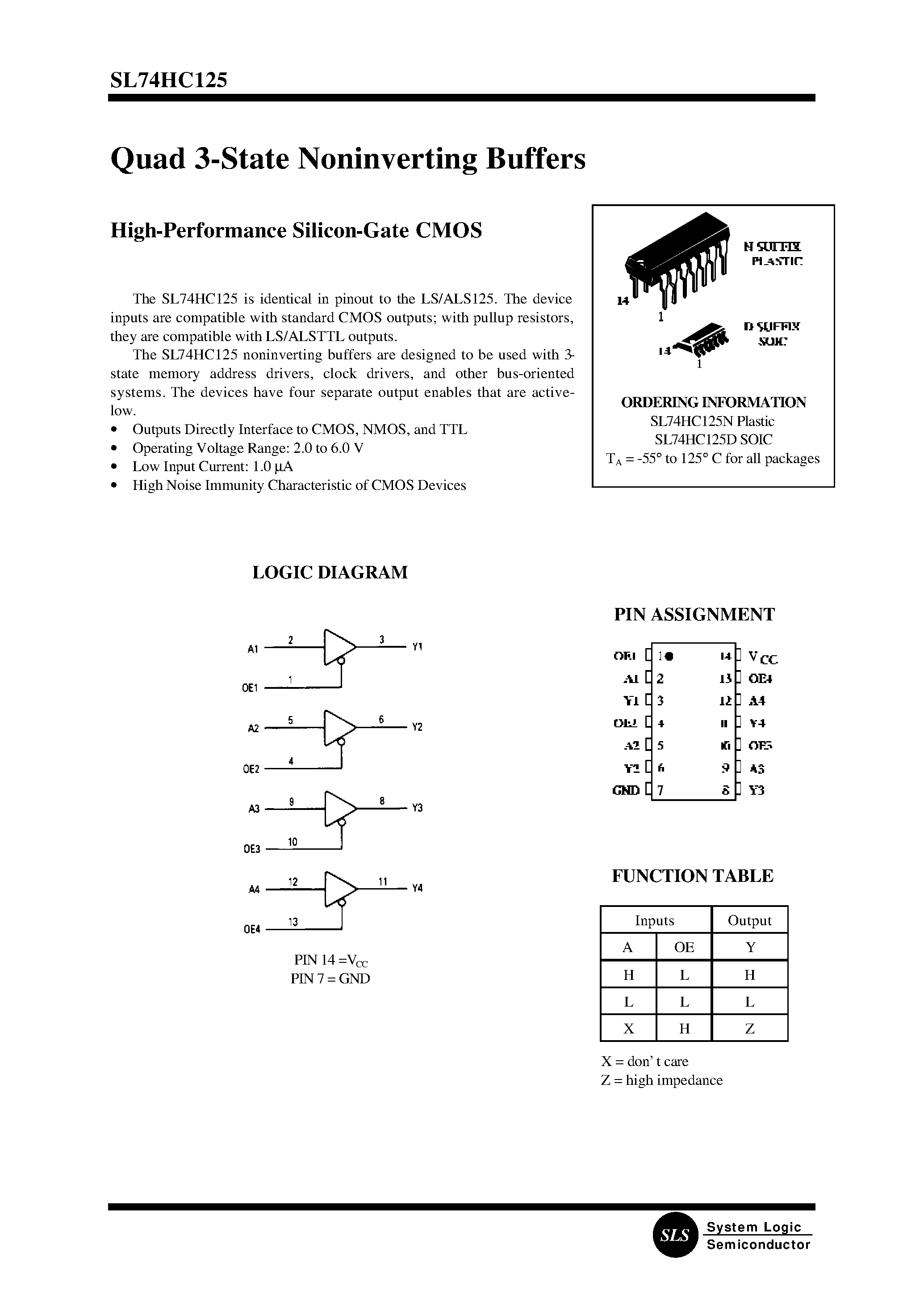 Datasheet SL74HC125D - Quad 3-State Noninverting Buffers page 1
