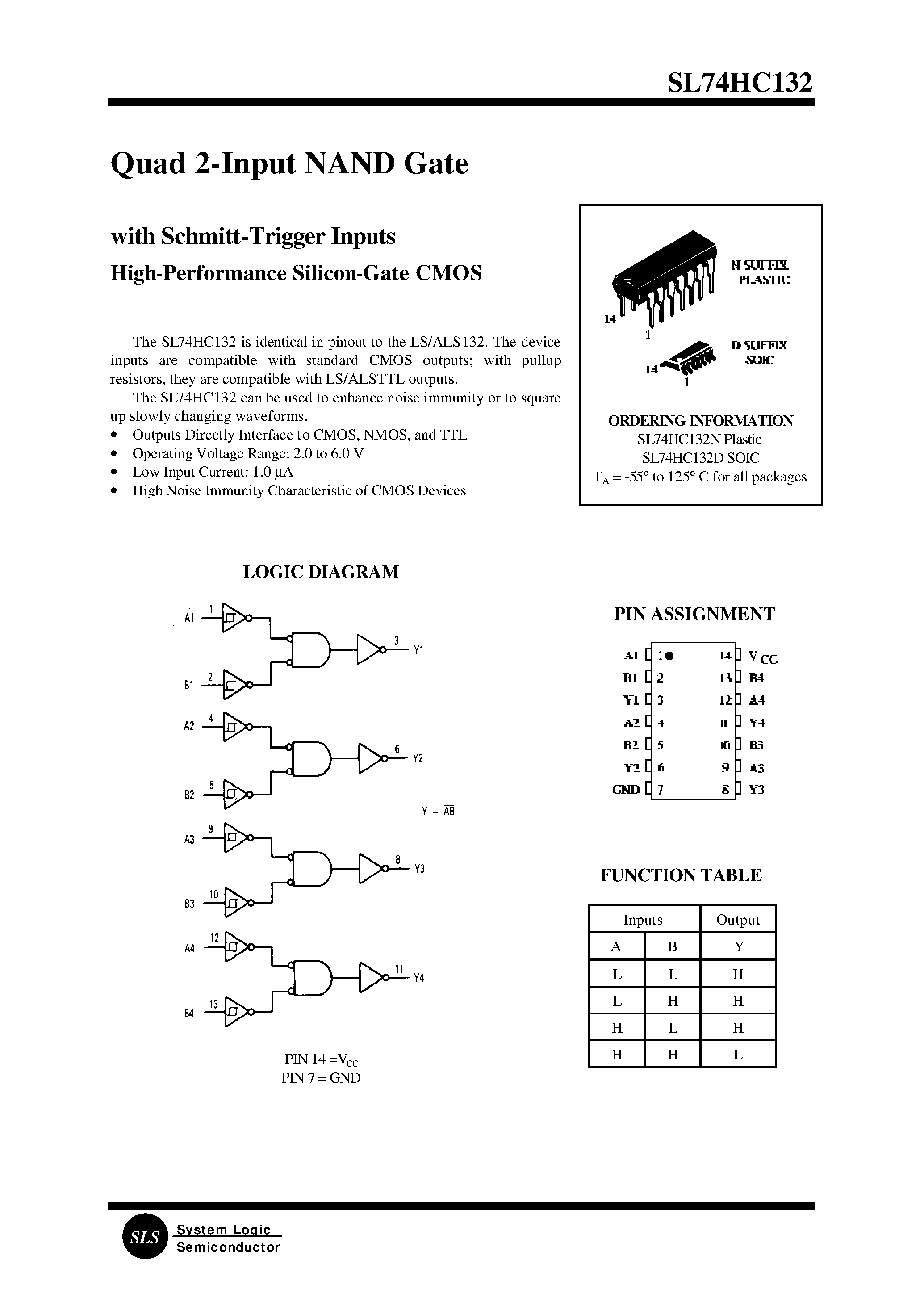 Datasheet SL74HC132D page 1 Datasheet SL74HC132D - Quad 2-Input NAND Gate page 1