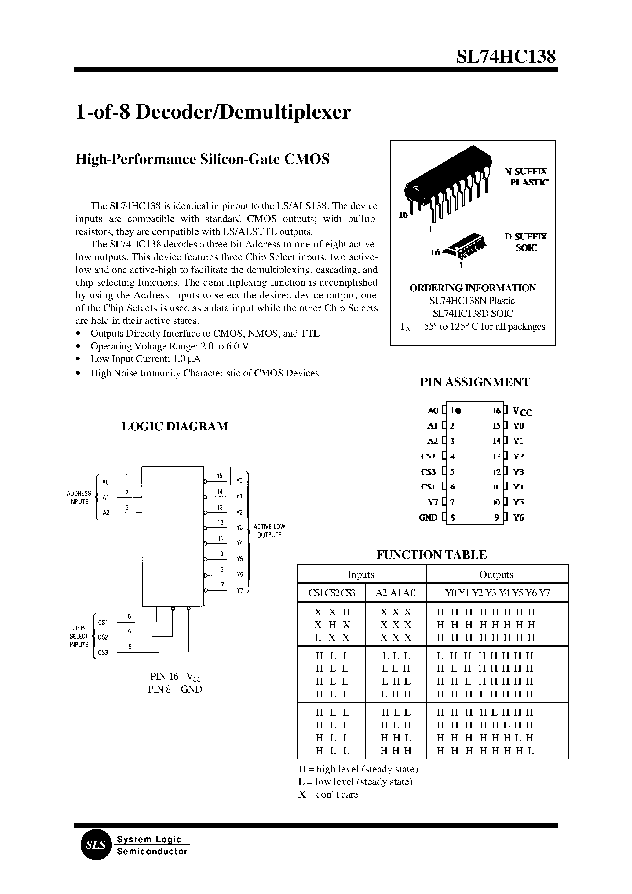 Datasheet SL74HC138 page 1 Datasheet SL74HC138 - 1-of-8 Decoder/Demultiplexer page 1