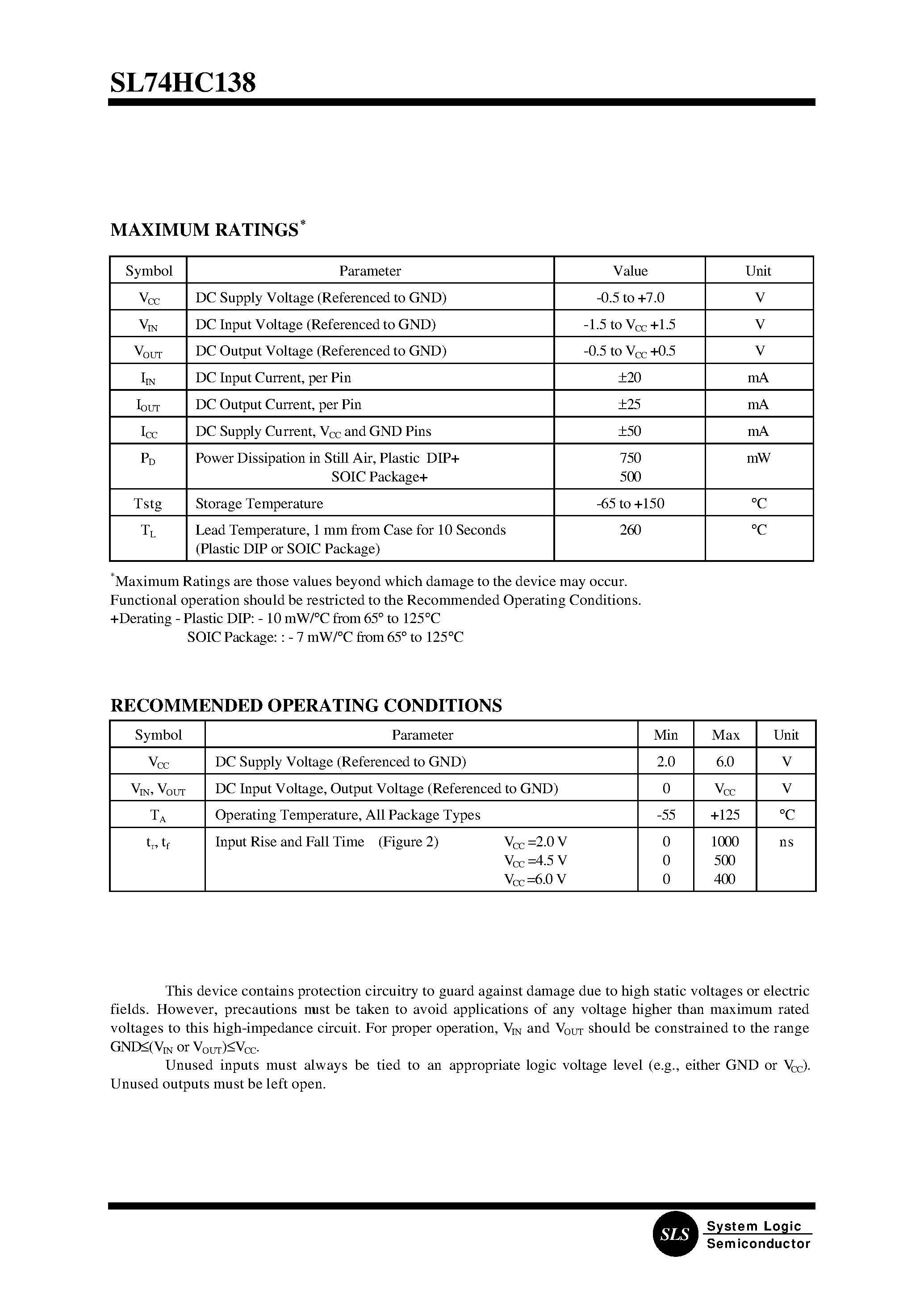 Datasheet SL74HC138 page 2 Datasheet SL74HC138 - 1-of-8 Decoder/Demultiplexer page 2