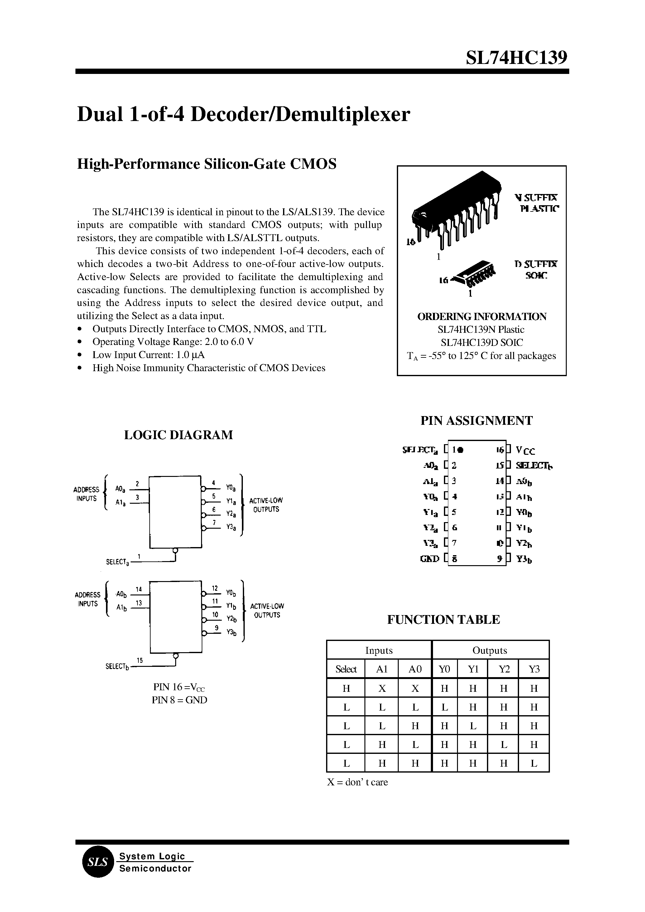 Datasheet SL74HC139N - Dual 1-of-4 Decoder/Demultiplexer page 1