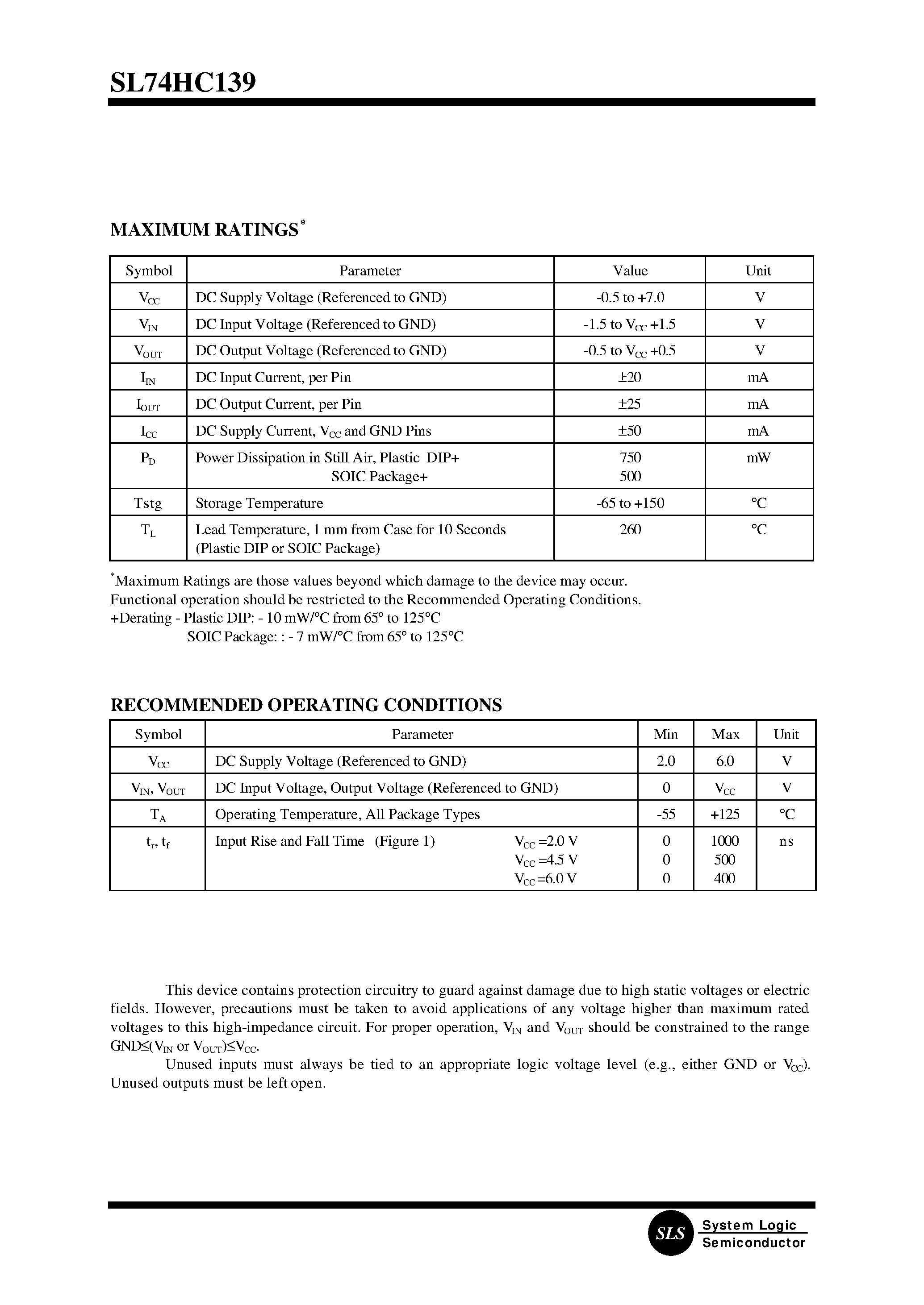 Datasheet SL74HC139N - Dual 1-of-4 Decoder/Demultiplexer page 2