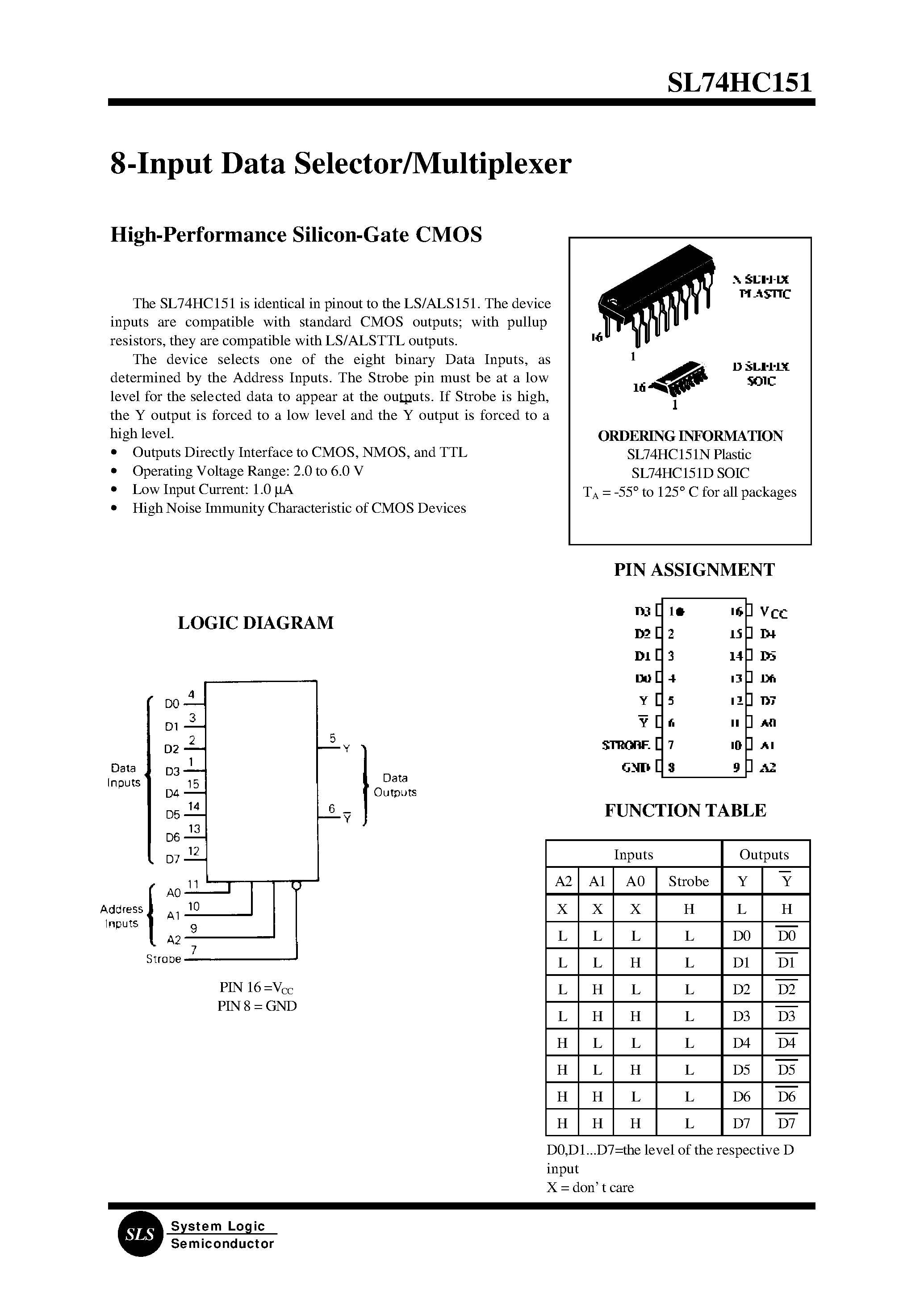 Даташит на микросхему SL74HC151N страница 1 Даташит SL74HC151N - 8-Input Data Selector/Multiplexer страница 1