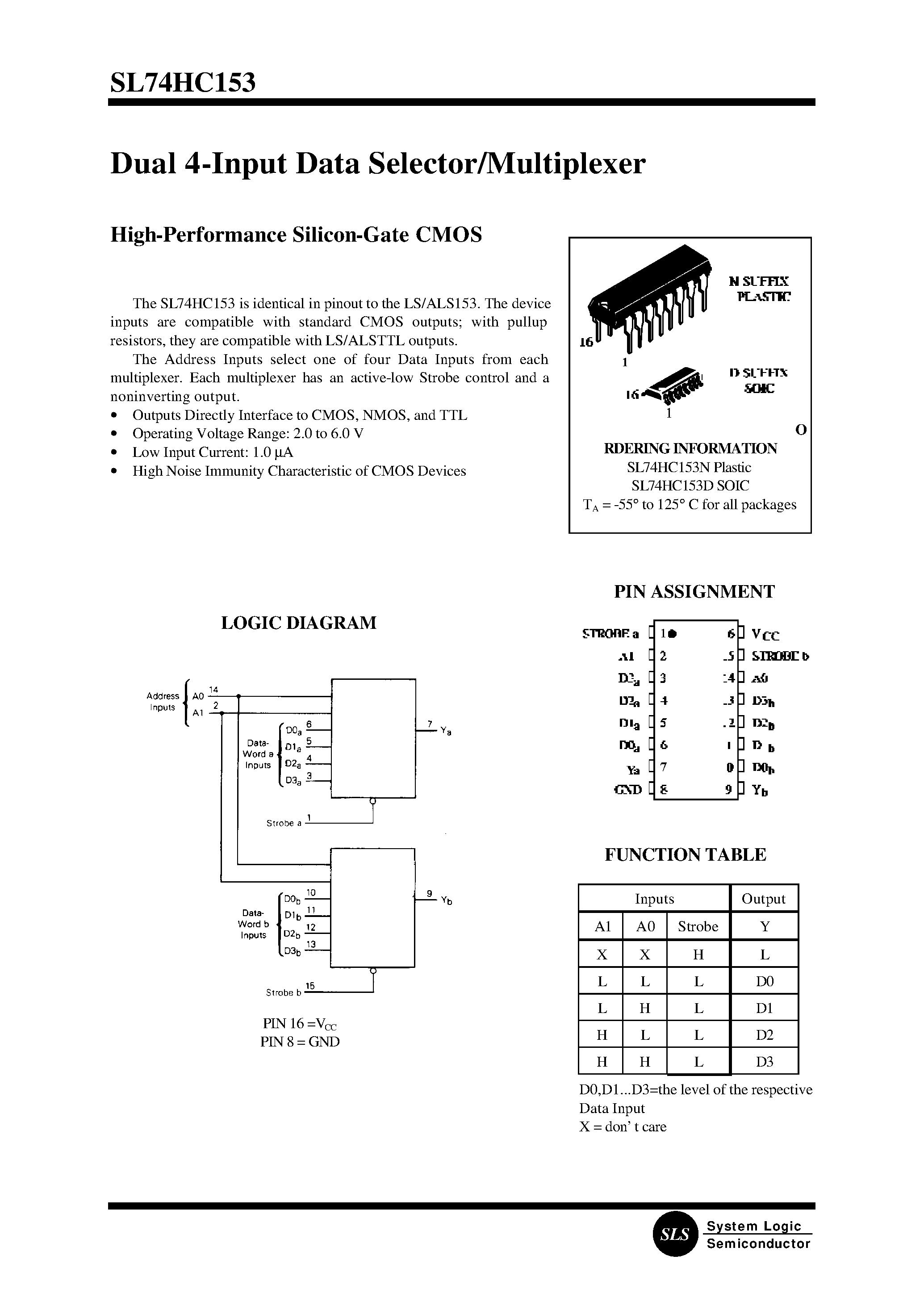 Datasheet SL74HC153N - Dual 4-Input Data Selector/Multiplexer page 1