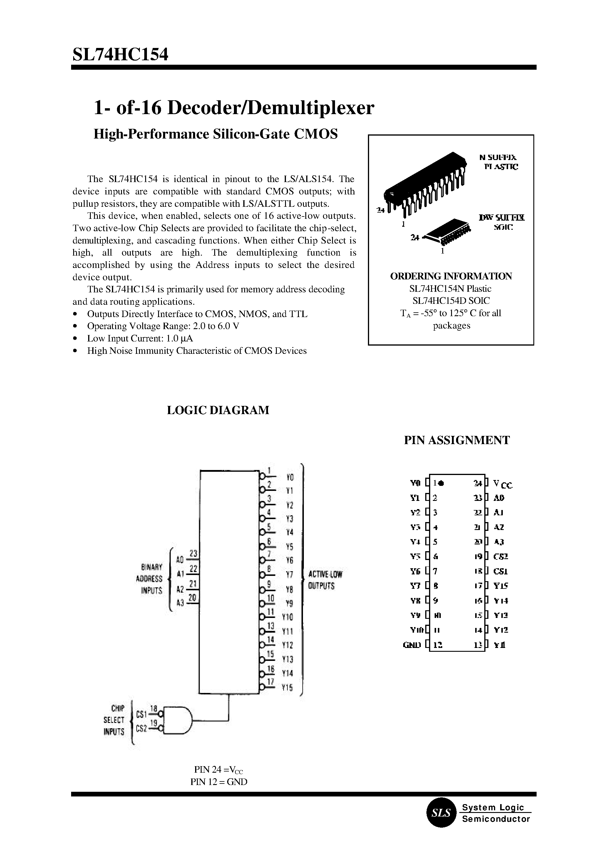 Datasheet SL74HC154N page 1 Datasheet SL74HC154N - 1- of-16 Decoder/Demultiplexer page 1