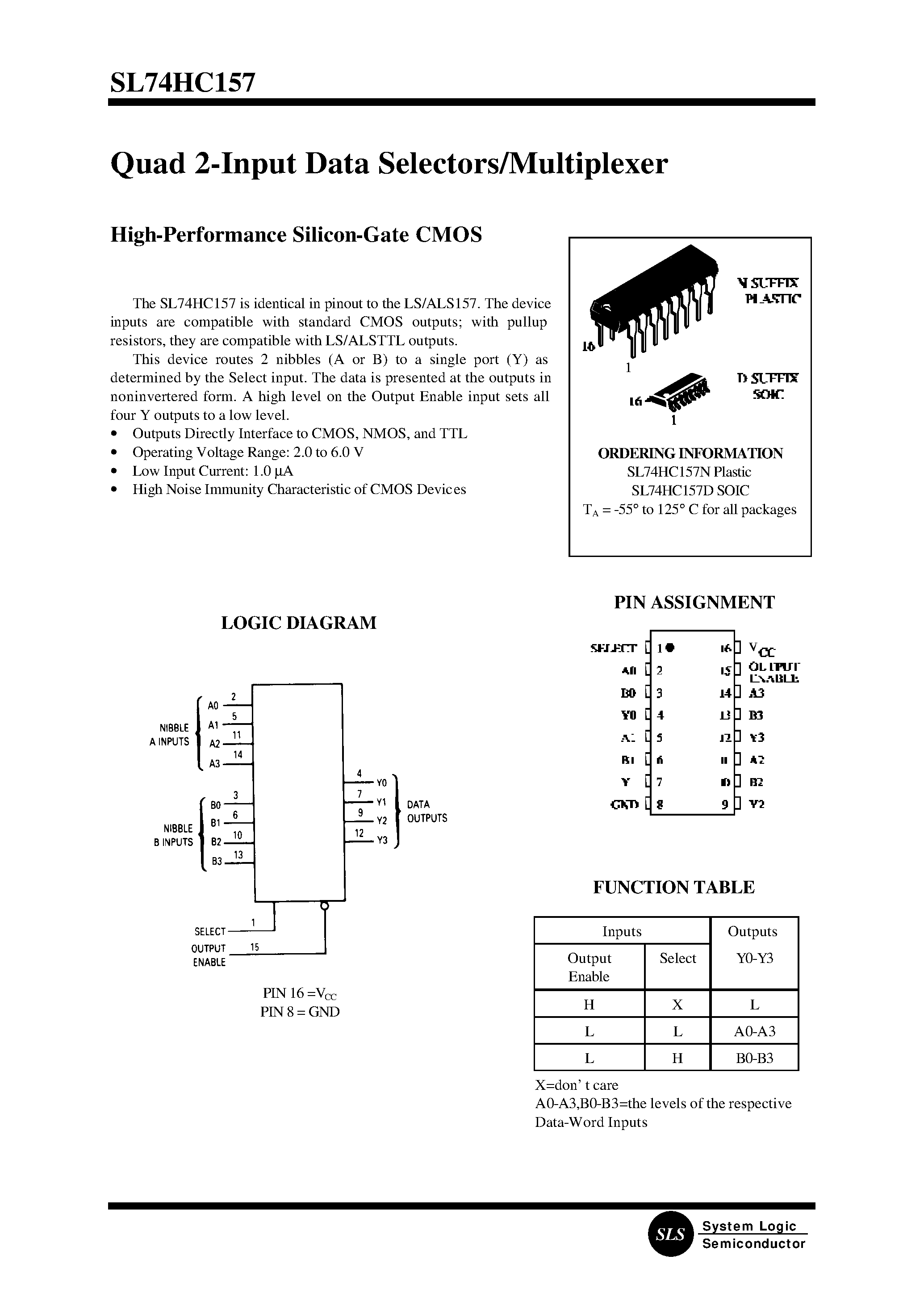 Datasheet SL74HC157D page 1 Datasheet SL74HC157D - Quad 2-Input Data Selectors/Multiplexer page 1