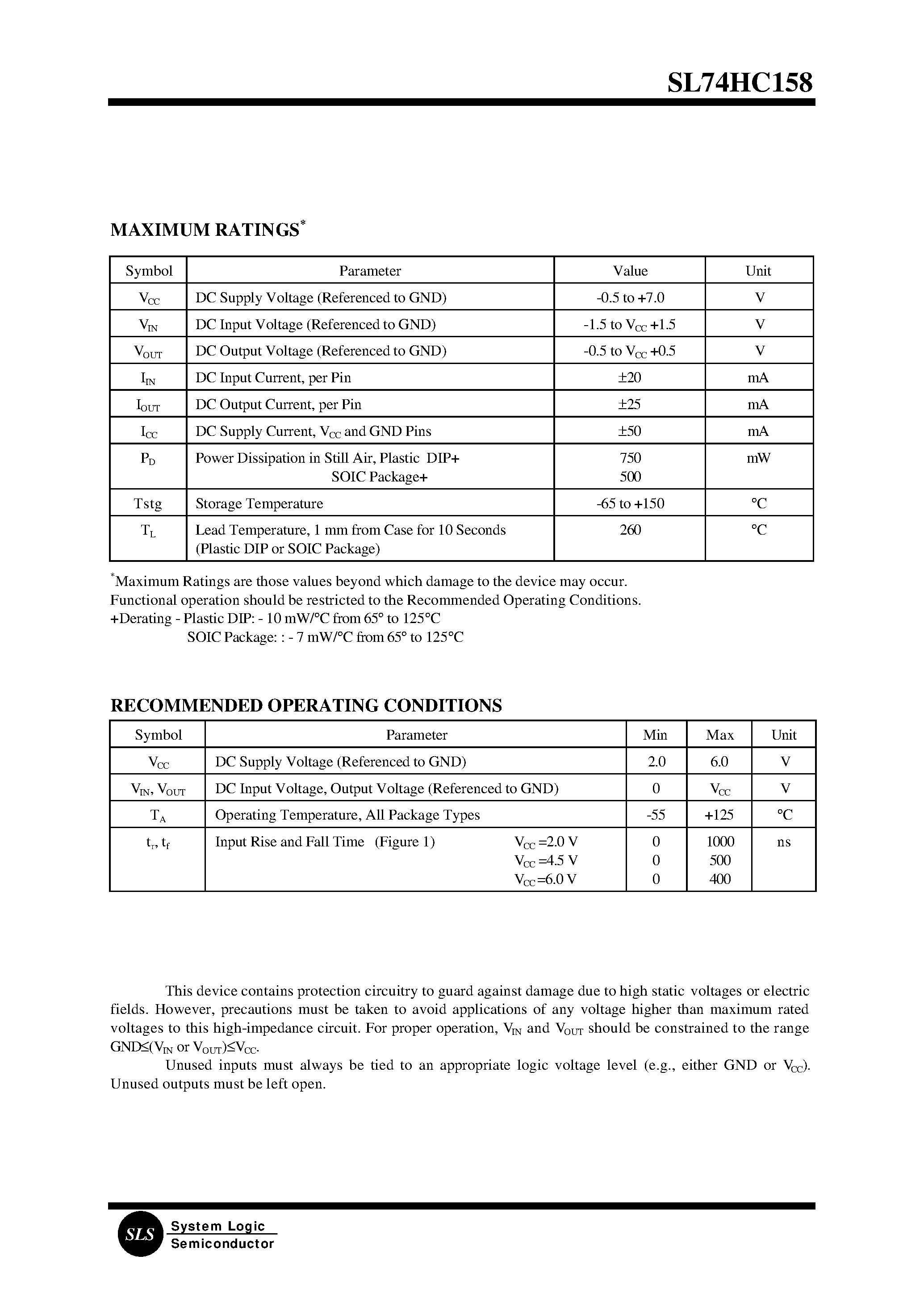 Datasheet SL74HC158D page 2 Datasheet SL74HC158D - Quad 2-Input Data Selectors/Multiplexers page 2