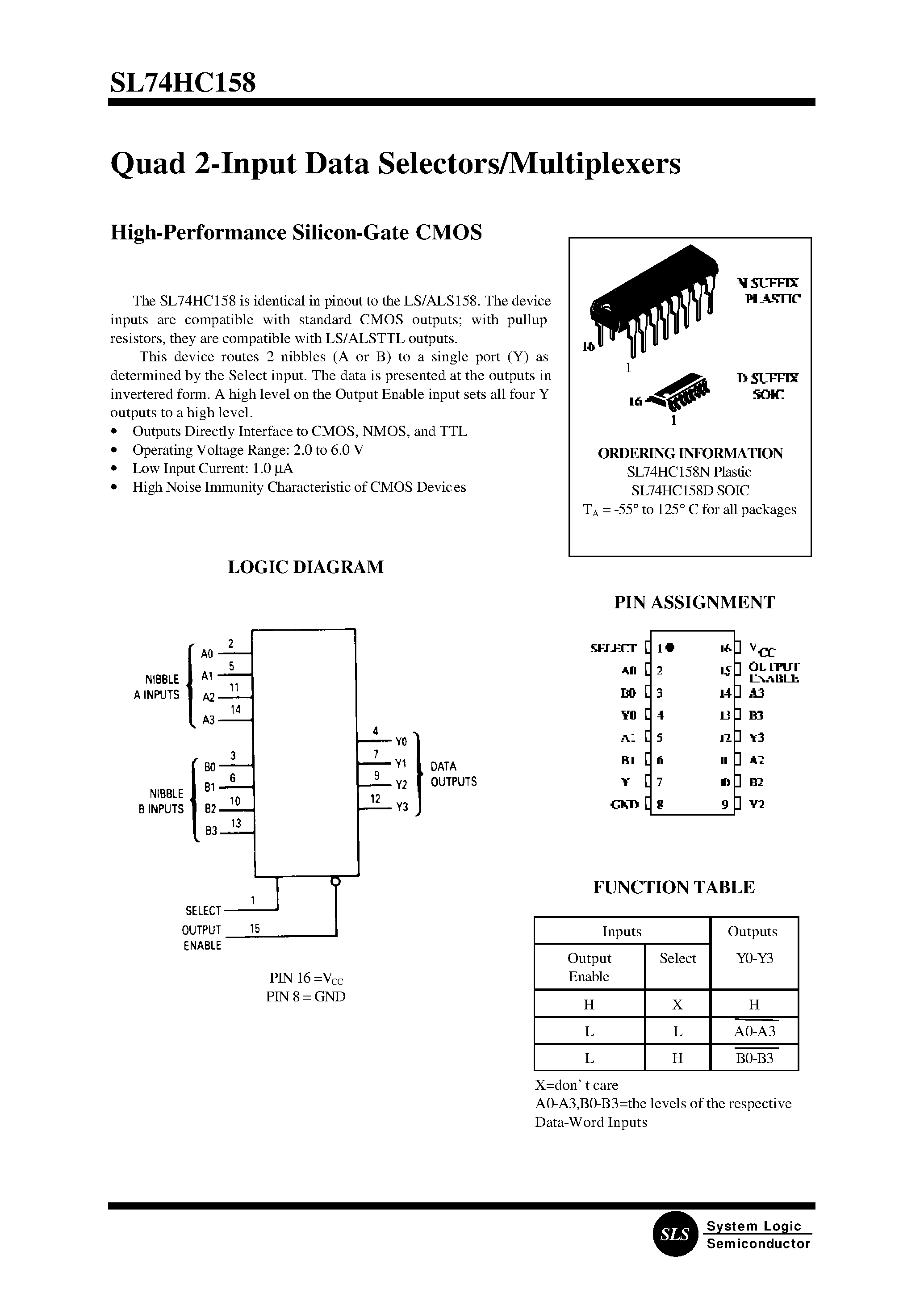 Datasheet SL74HC158N - Quad 2-Input Data Selectors/Multiplexers page 1