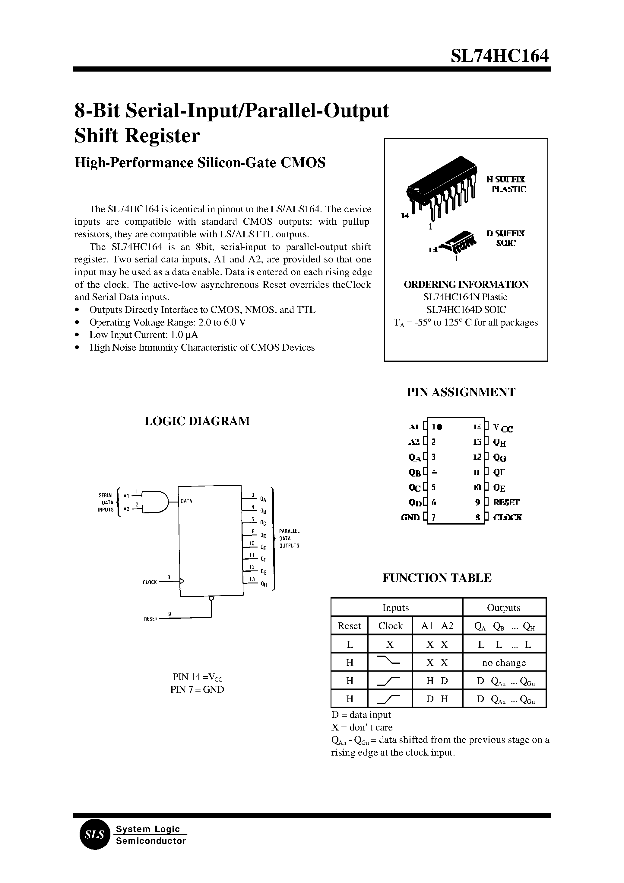 Даташит SL74HC164D - 8-Bit Serial-Input/Parallel-Output8-Bit Serial-Input/Parallel-Output Shift Register страница 1