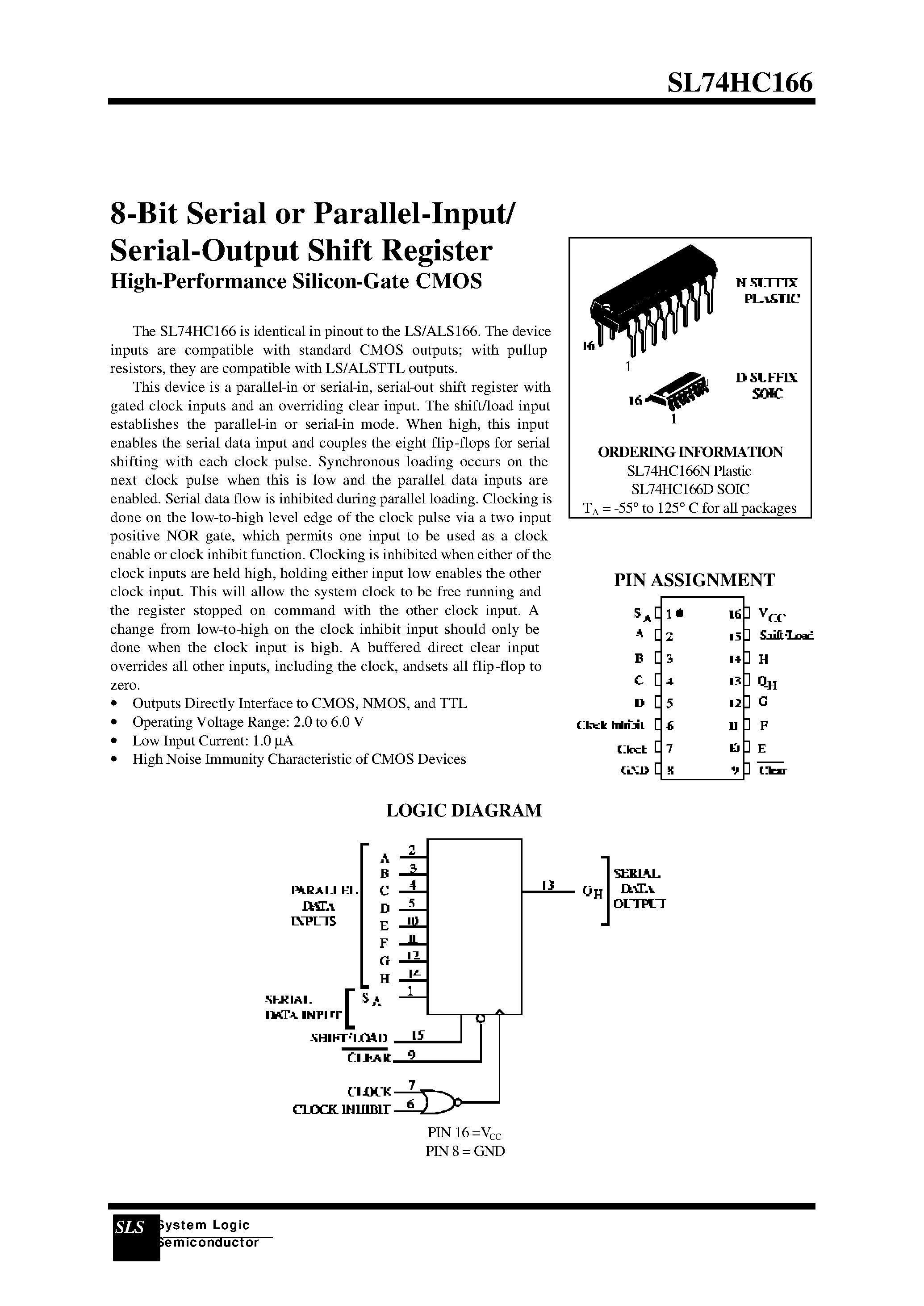 Даташит на микросхему SL74HC166N страница 1 Даташит SL74HC166N - 8-Bit Serial or Parallel-Input/ Serial-Output Shift Register страница 1