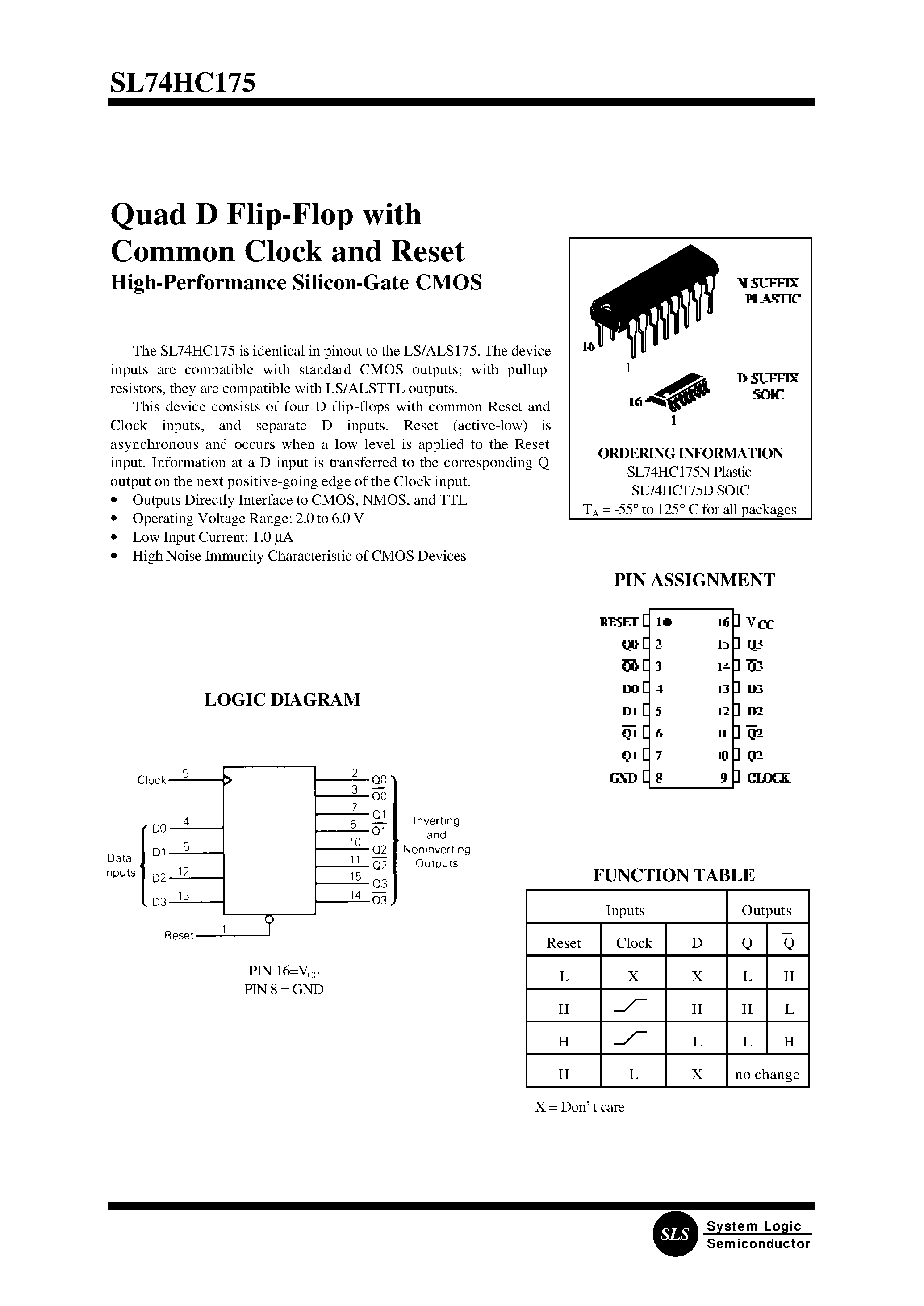 Даташит SL74HC175 - Quad D Flip-Flop with Common Clock and Reset страница 1