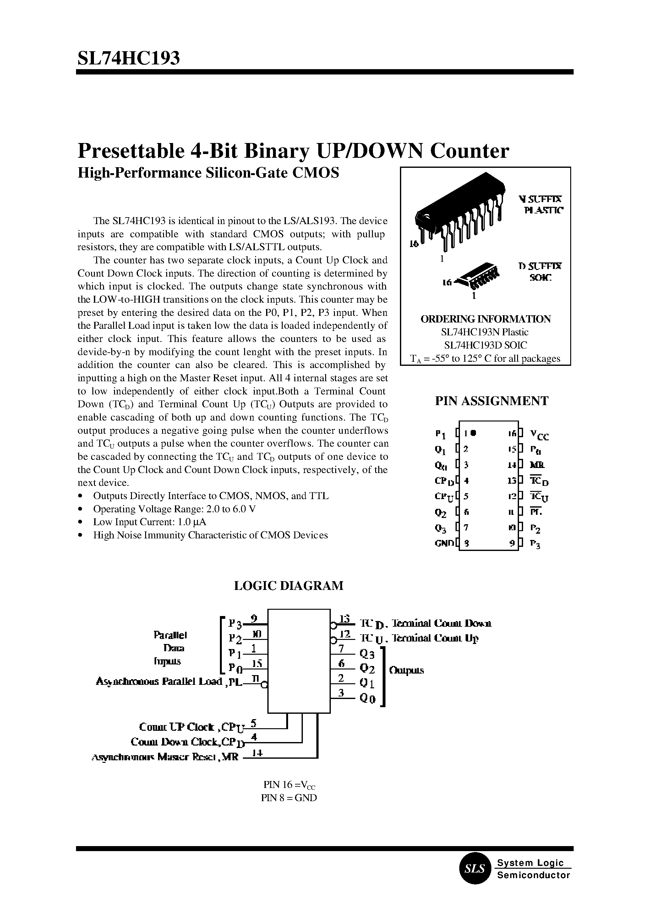 Datasheet SL74HC193 - Presettable 4-Bit Binary UP/DOWN Counter page 1