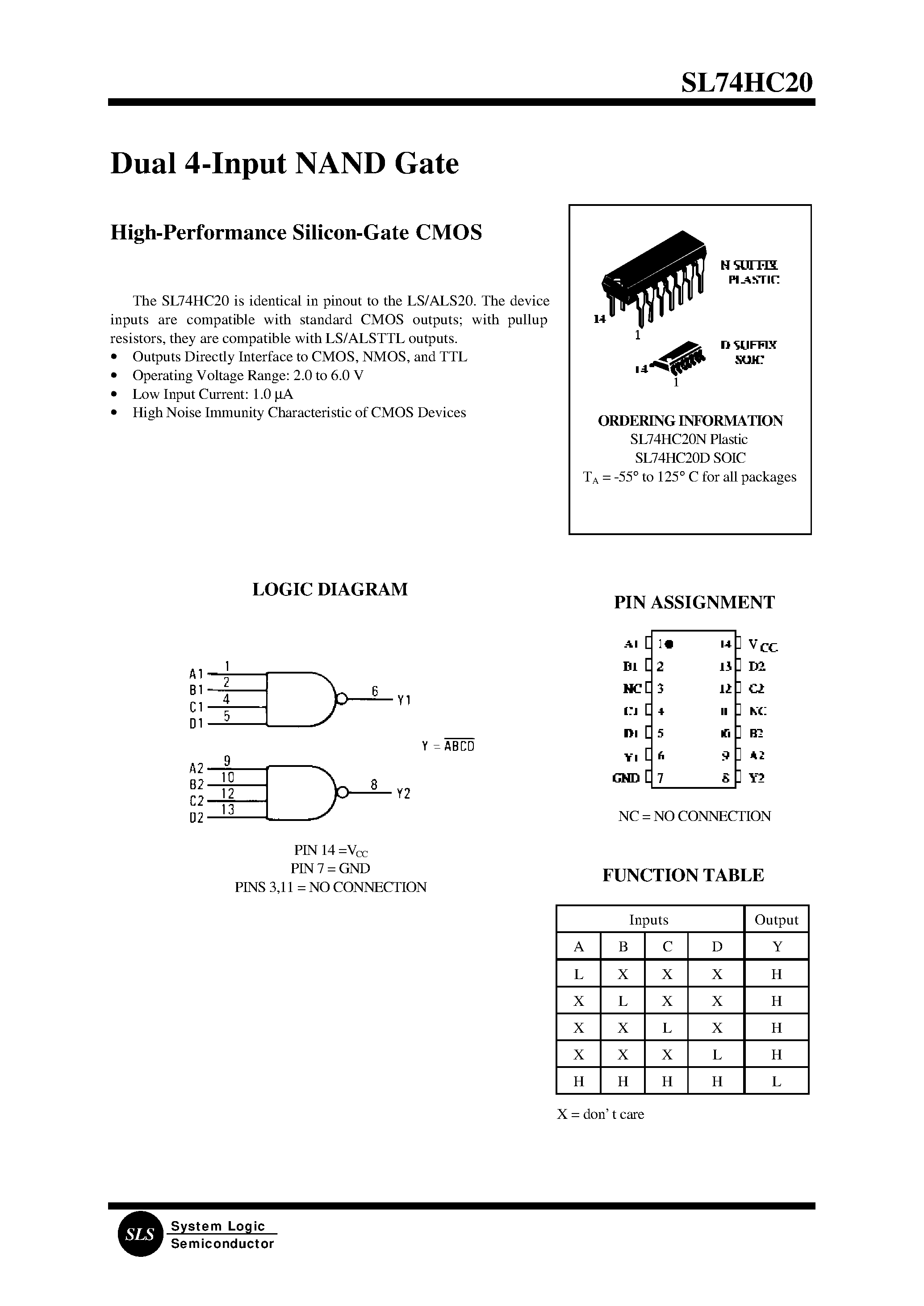 Datasheet SL74HC20D - Dual 4-Input NAND Gate page 1