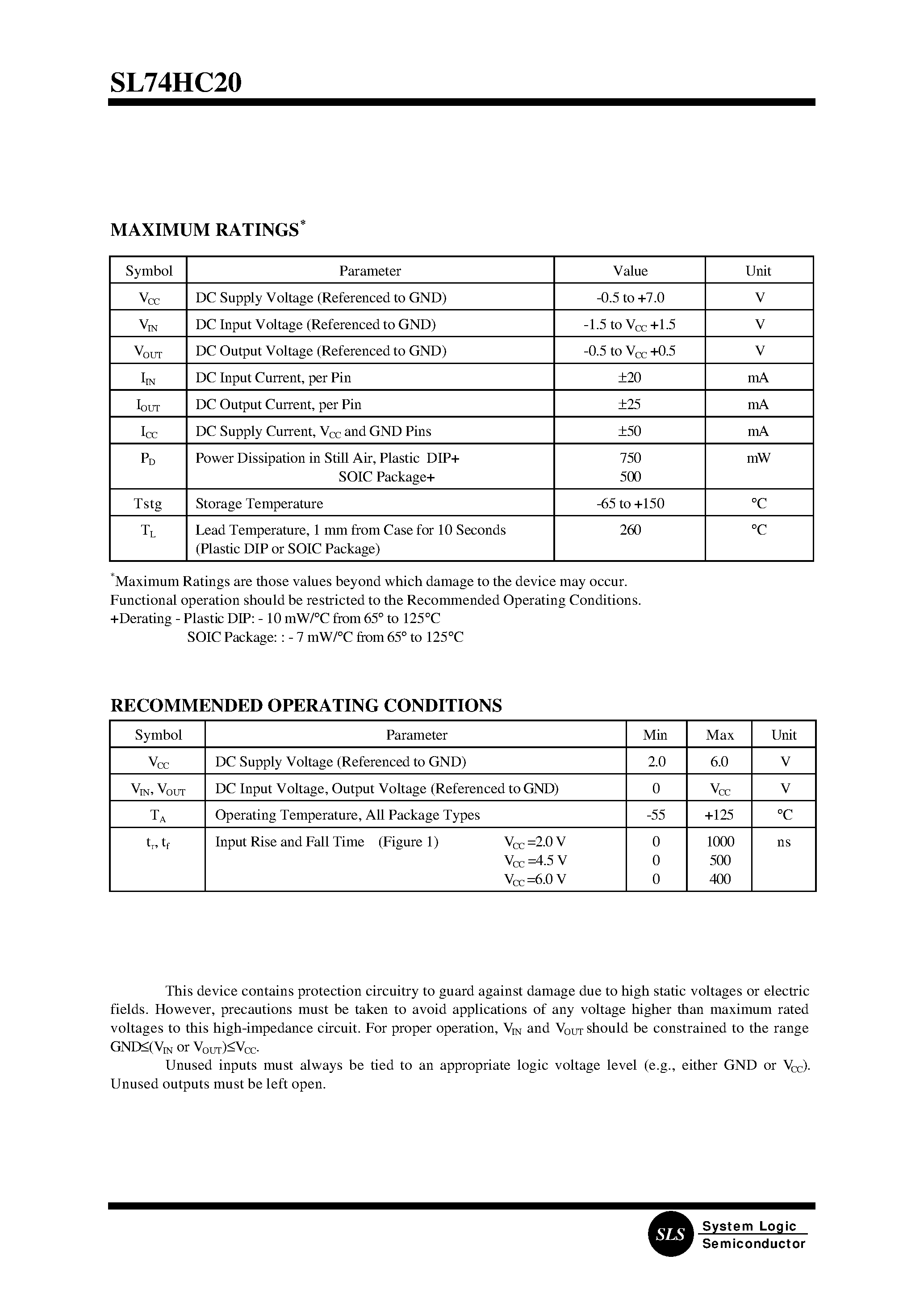 Datasheet SL74HC20N - Dual 4-Input NAND Gate page 2