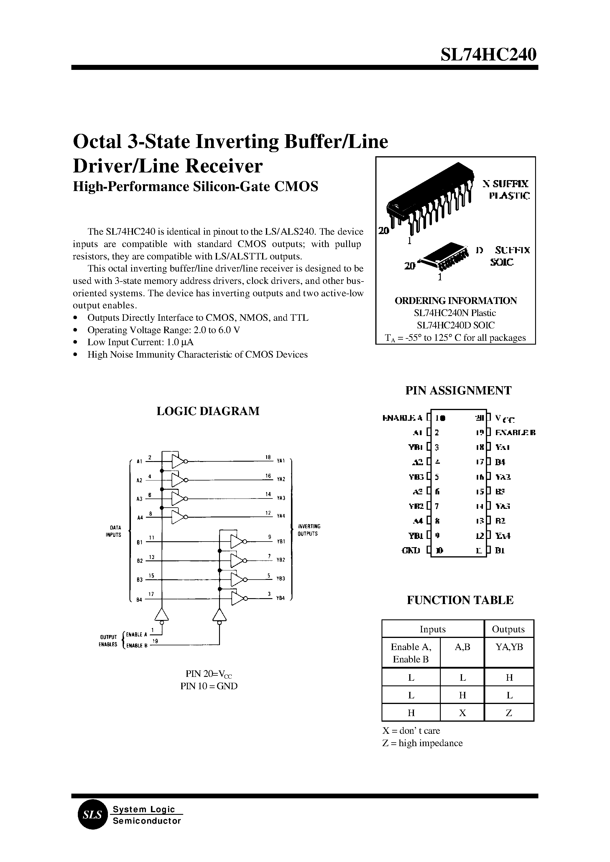 Datasheet SL74HC240 - Octal 3-State Inverting Buffer/Line Driver/Line Receiver page 1