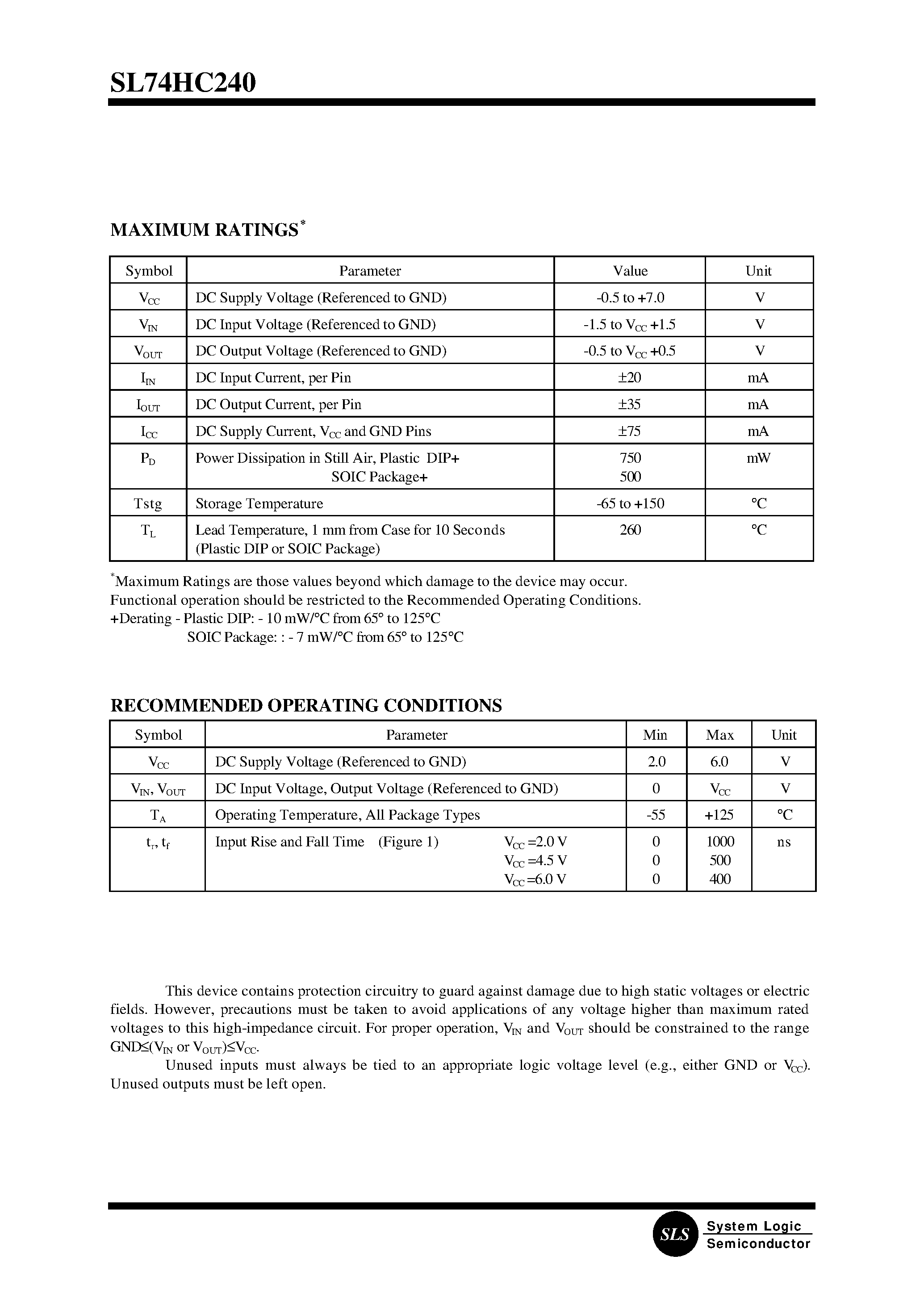 Datasheet SL74HC240N - Octal 3-State Inverting Buffer/Line Driver/Line Receiver page 2