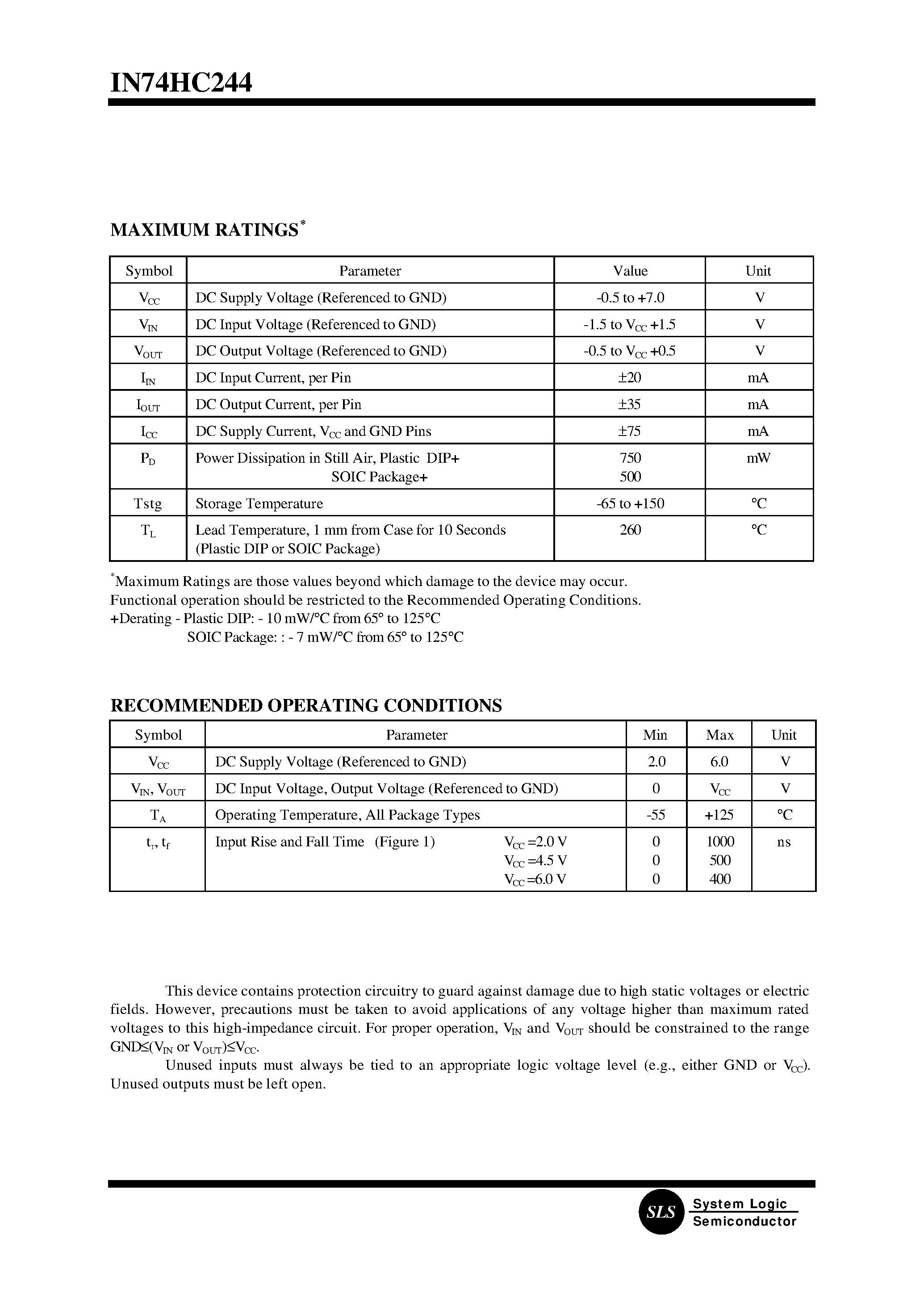 Datasheet SL74HC244D - Octal 3-State Noninverting Buffer/Line Driver/Line Receiver page 2