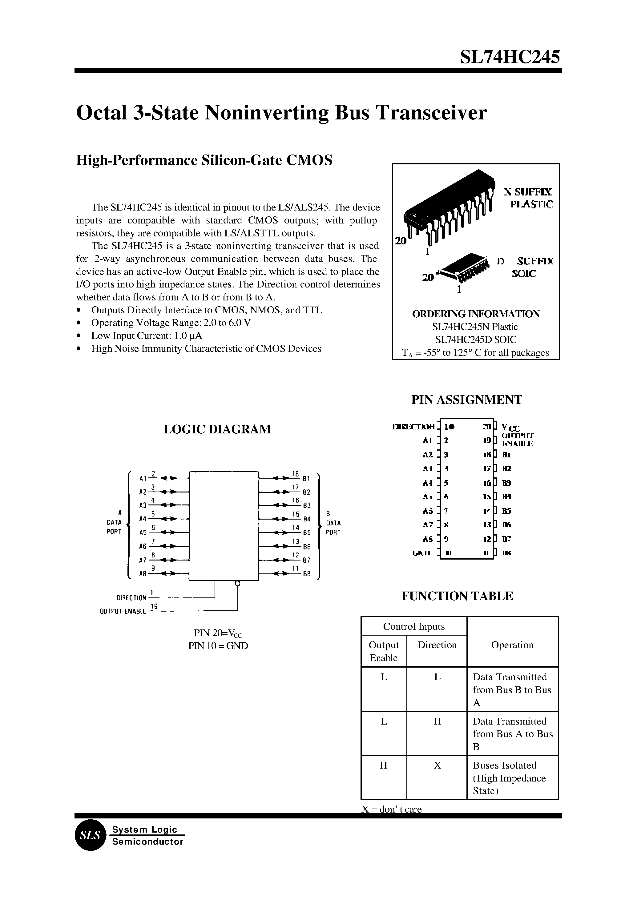 Datasheet SL74HC245N - Octal 3-State Noninverting Bus Transceiver page 1