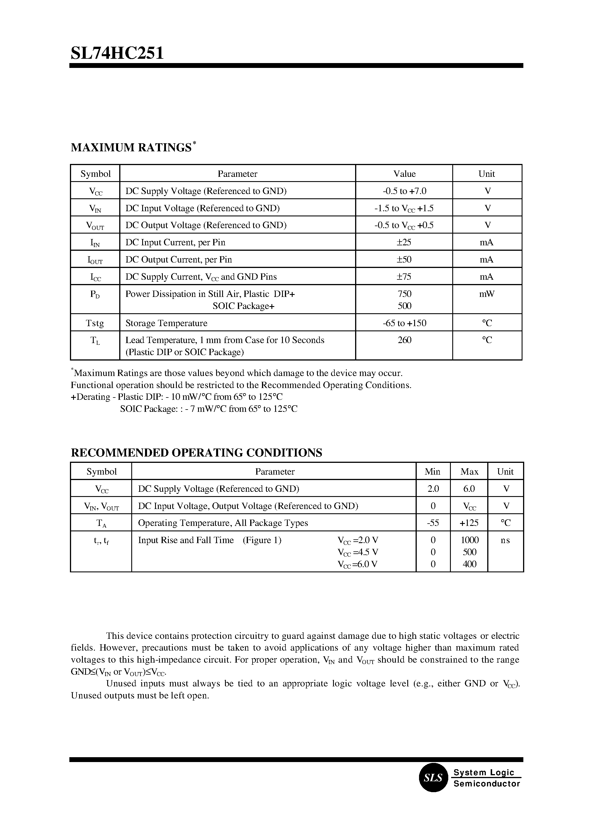Datasheet SL74HC251D - 8-Input Data Selector/Multiplexer with 3-State Outputs page 2