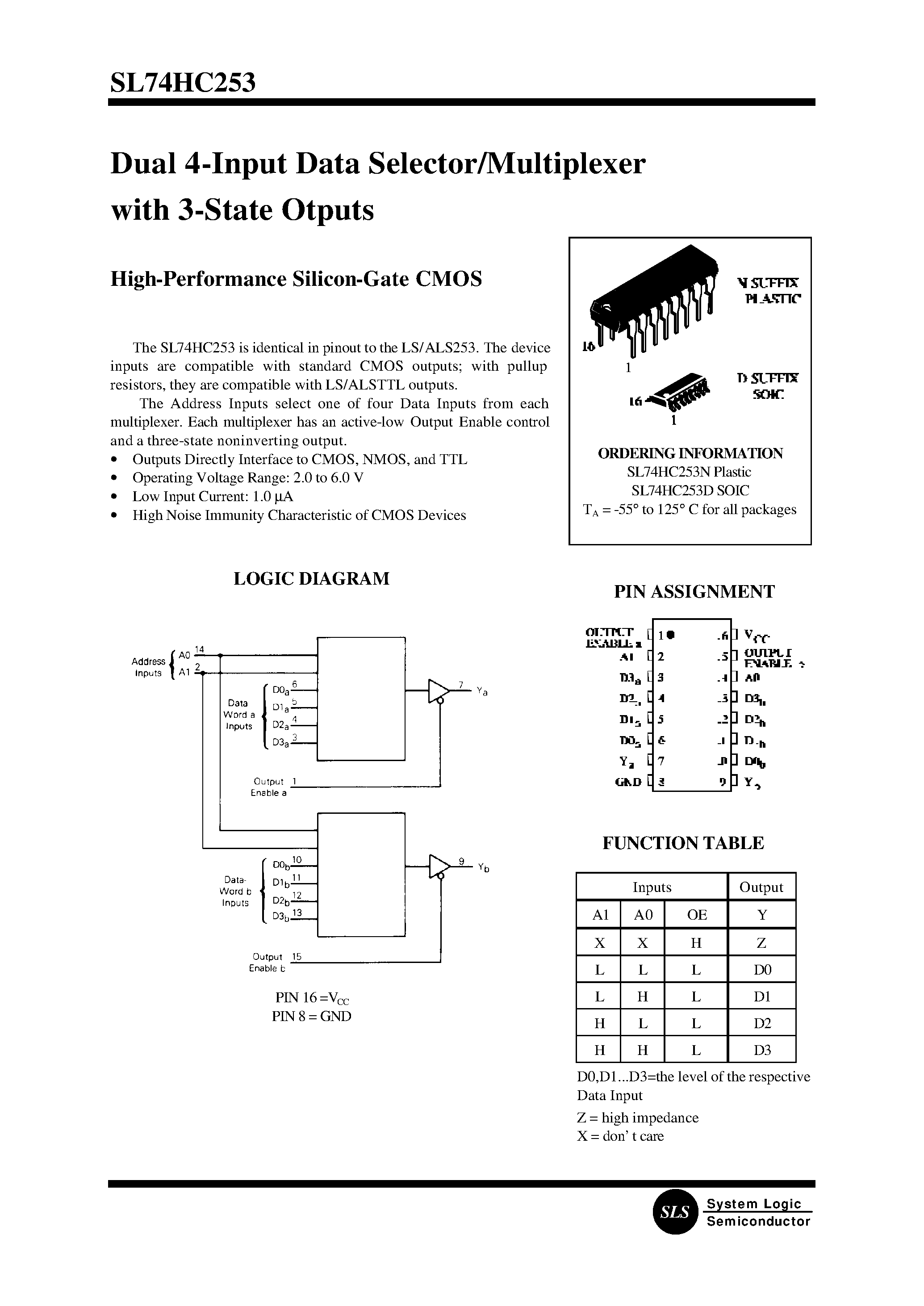 Datasheet SL74HC253 - Dual 4-Input Data Selector/Multiplexer with 3-State Otputs page 1