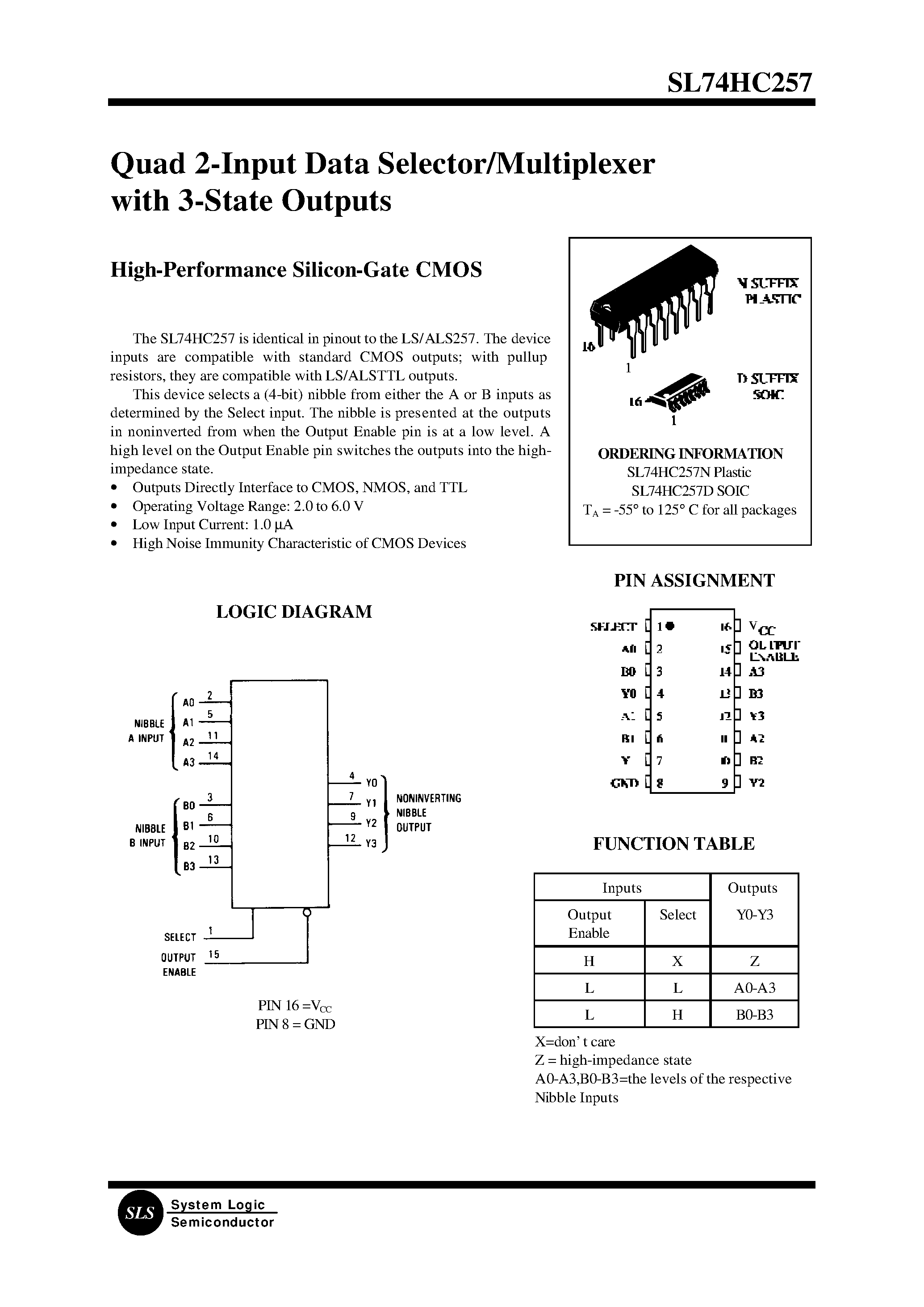 Datasheet SL74HC257D - Quad 2-Input Data Selector/Multiplexer with 3-State Outputs page 1