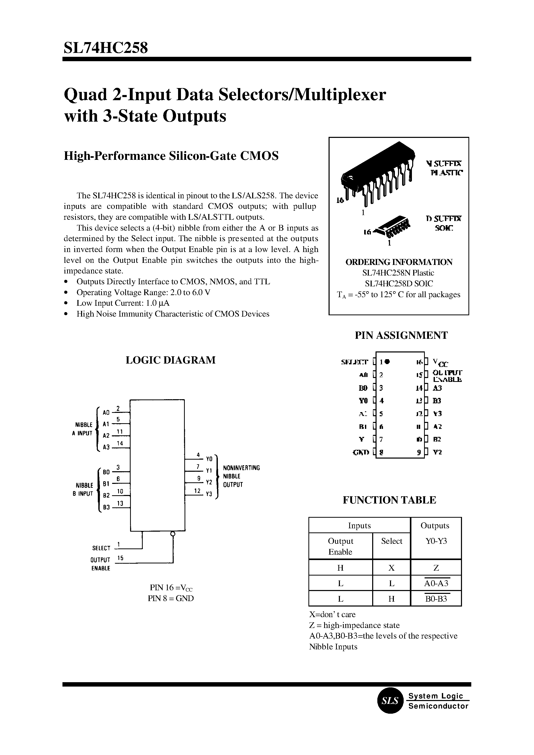 Datasheet SL74HC258N - Quad 2-Input Data Selectors/Multiplexer with 3-State Outputs page 1