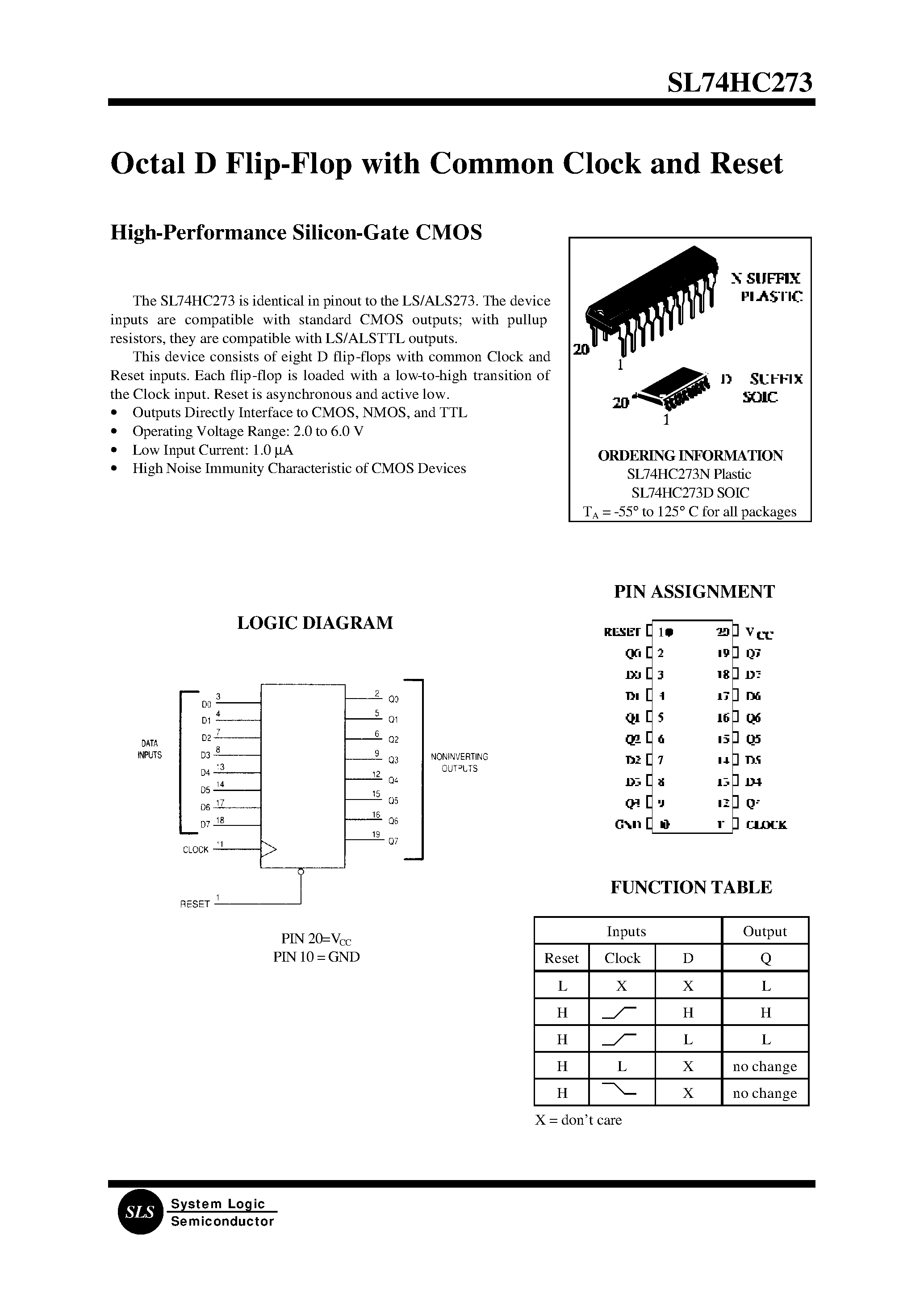 Даташит SL74HC273 - Octal D Flip-Flop with Common Clock and Reset страница 1