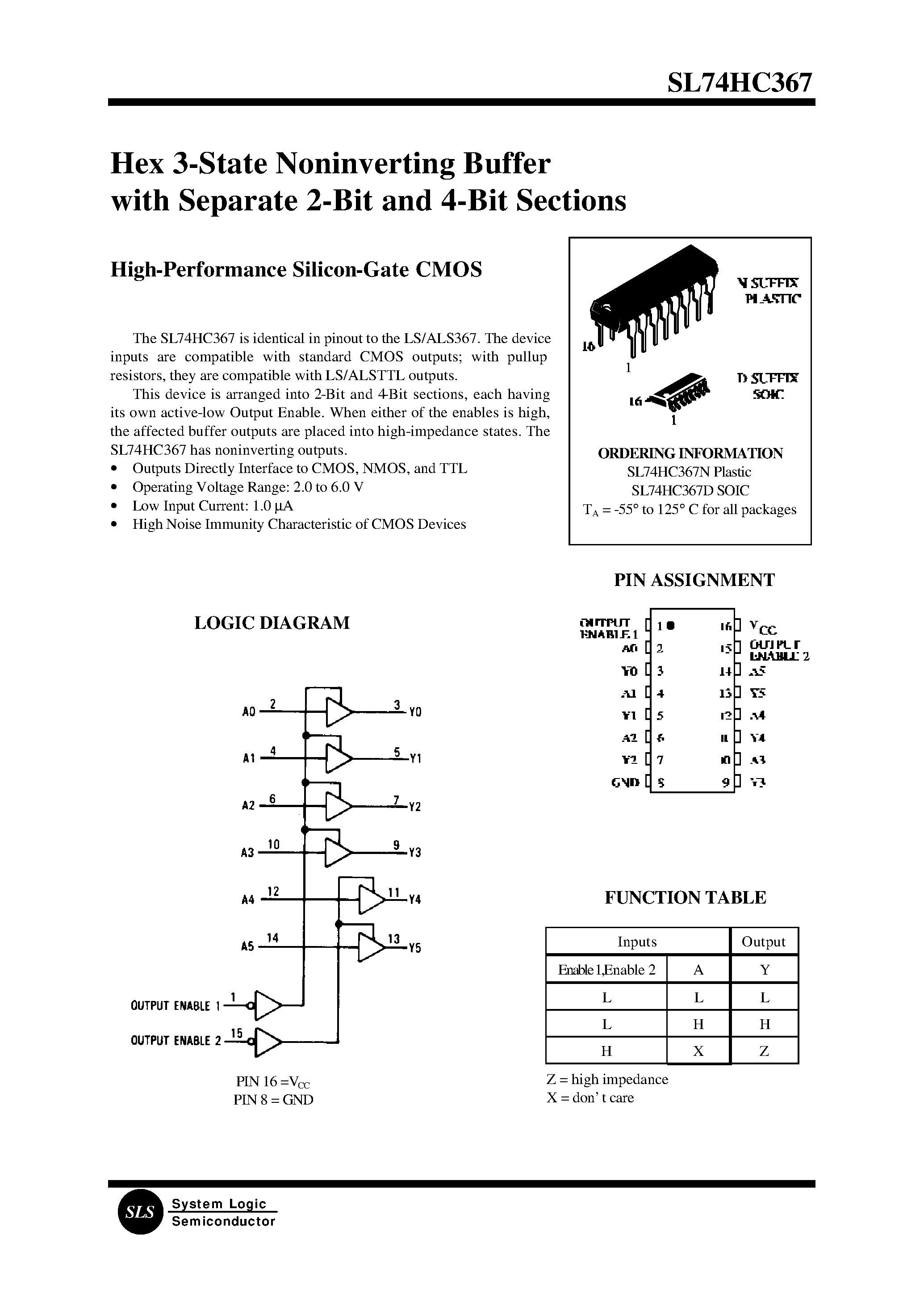 Datasheet SL74HC367 - Hex 3-State Noninverting Buffer with Separate 2-Bit and 4-Bit Sections page 1