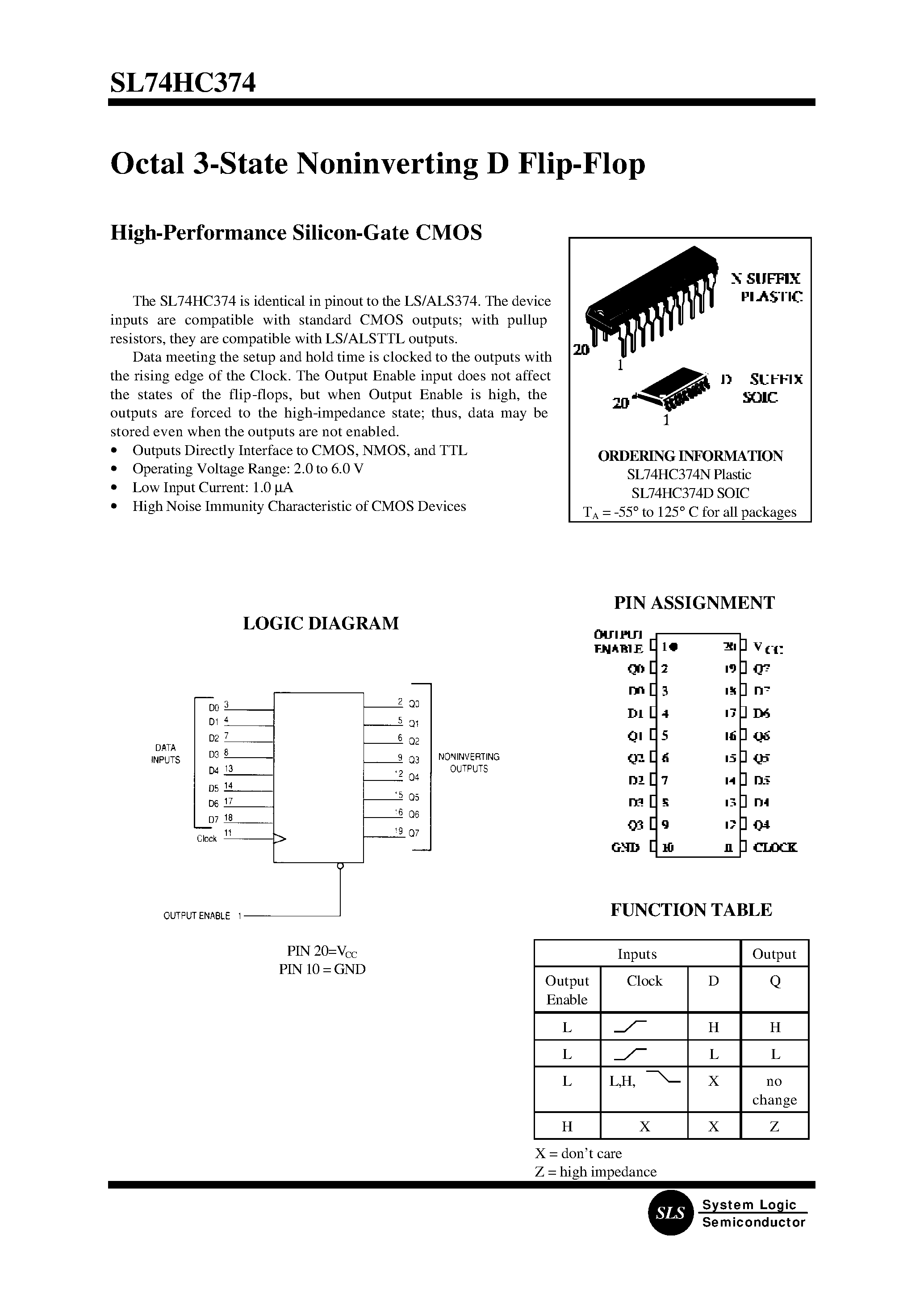Даташит SL74HC374 - Octal 3-State Noninverting D Flip-Flop страница 1