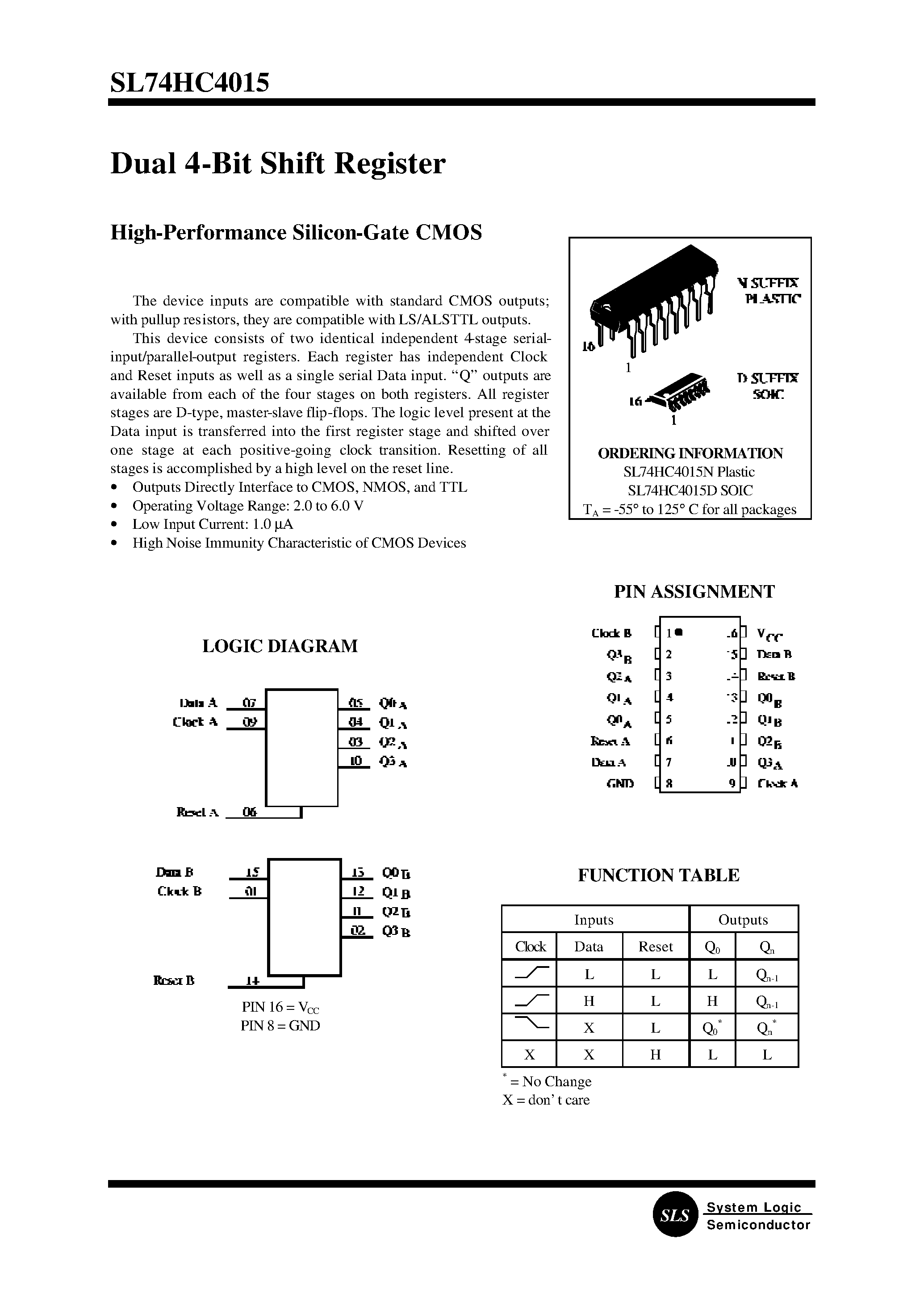 Datasheet SL74HC4015D page 1 Datasheet SL74HC4015D - Dual 4-Bit Shift Register page 1