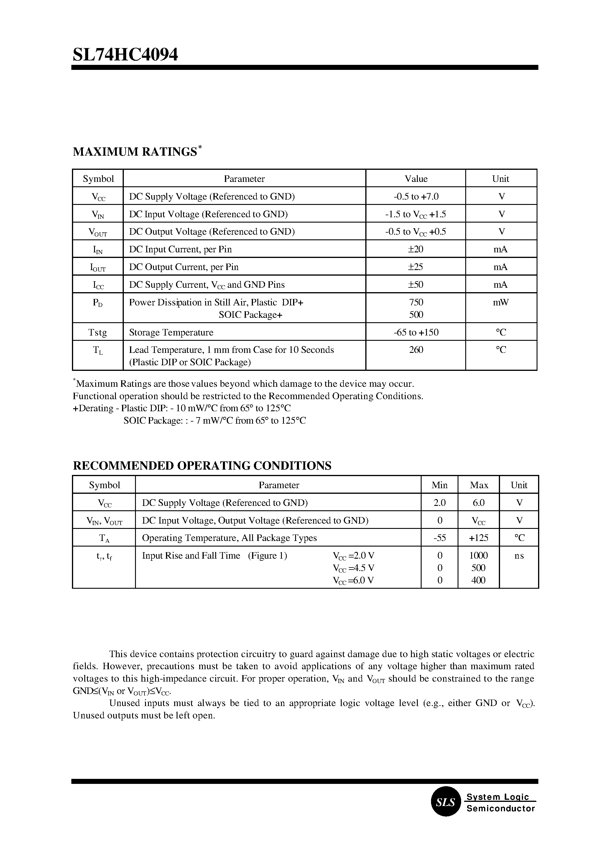 Datasheet SL74HC4094N - 8-Bit Serial-Input Shift Register With Latched 3-State Outputs(High-Performance Silicon-Gate CMOS) page 2