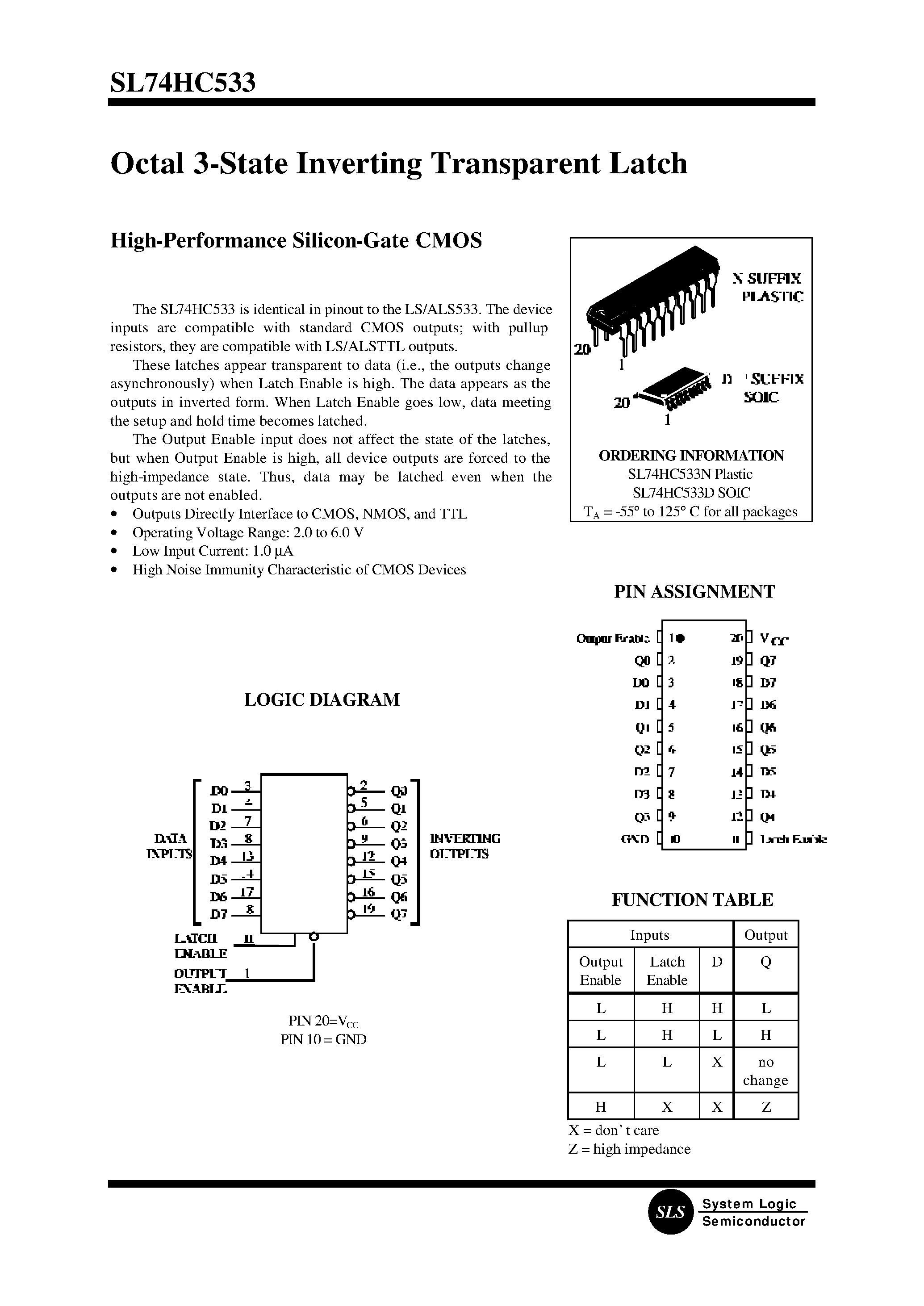 Datasheet SL74HC533 - Octal 3-State Inverting Transparent Latch(High-Performance Silicon-Gate CMOS) page 1