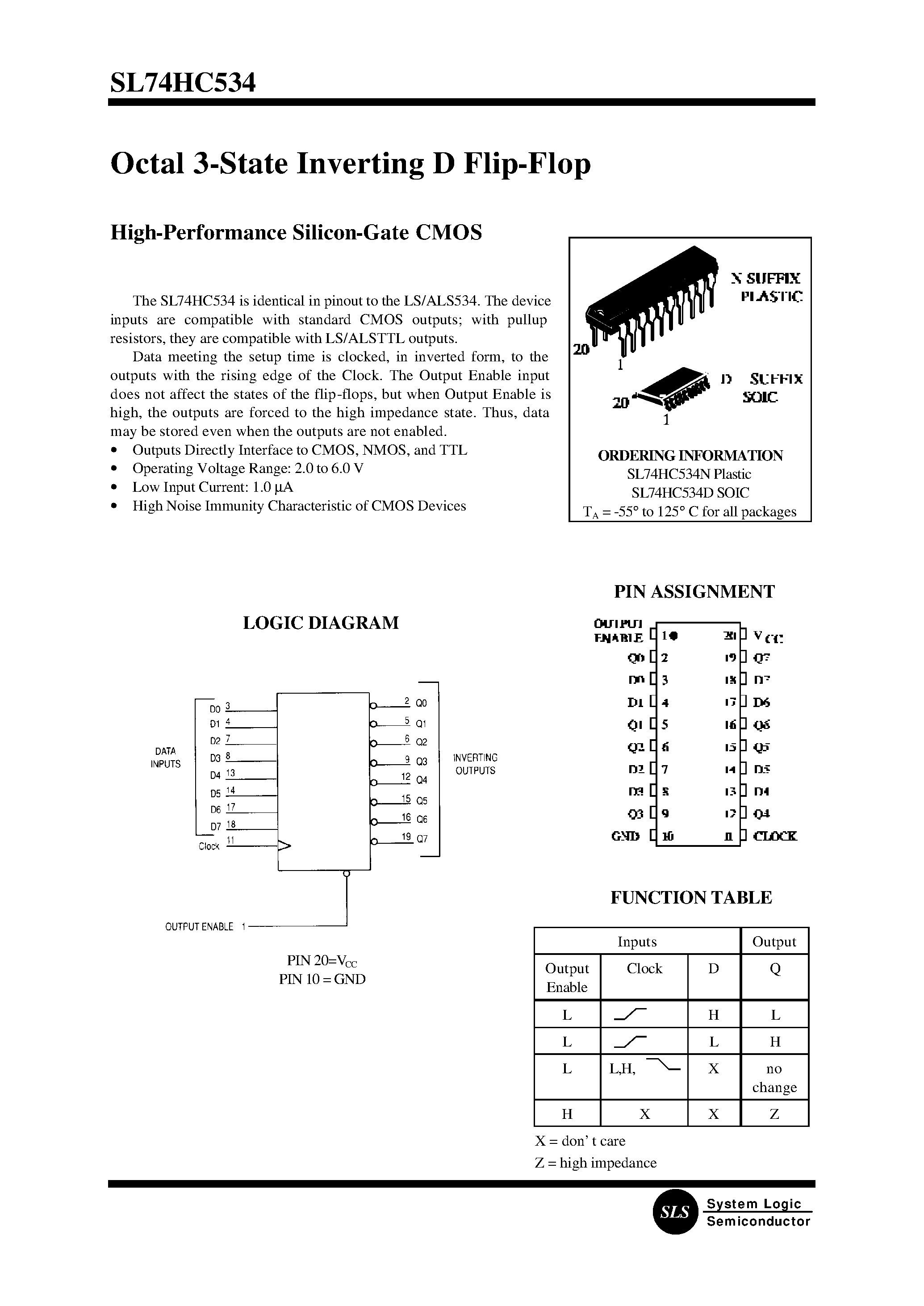 Даташит SL74HC534D - Octal 3-State Inverting D Flip-Flop(High-Performance Silicon-Gate CMOS) страница 1