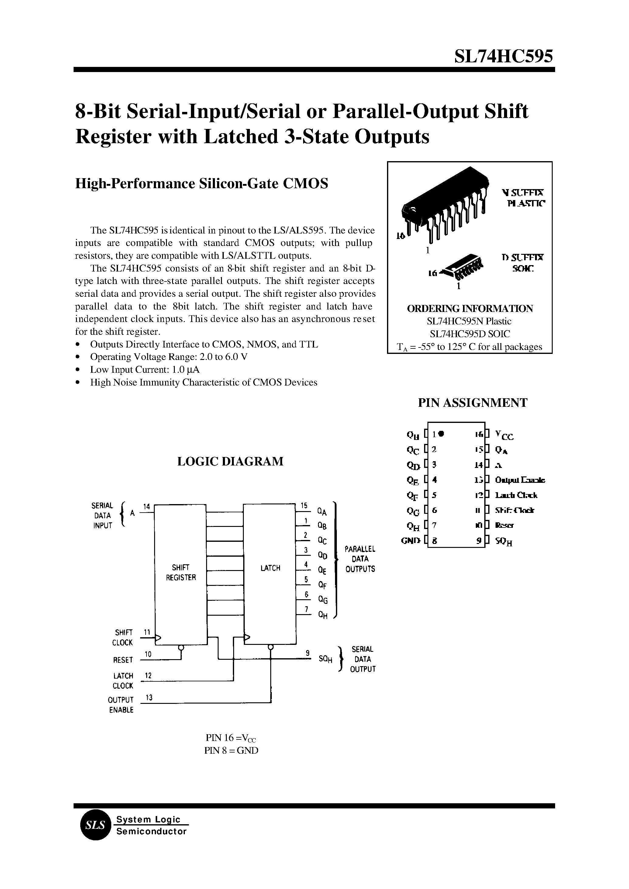 Datasheet SL74HC595D - 8-Bit Serial-Input/Serial or Parallel-Output Shift Register with Latched 3-State Outputs page 1