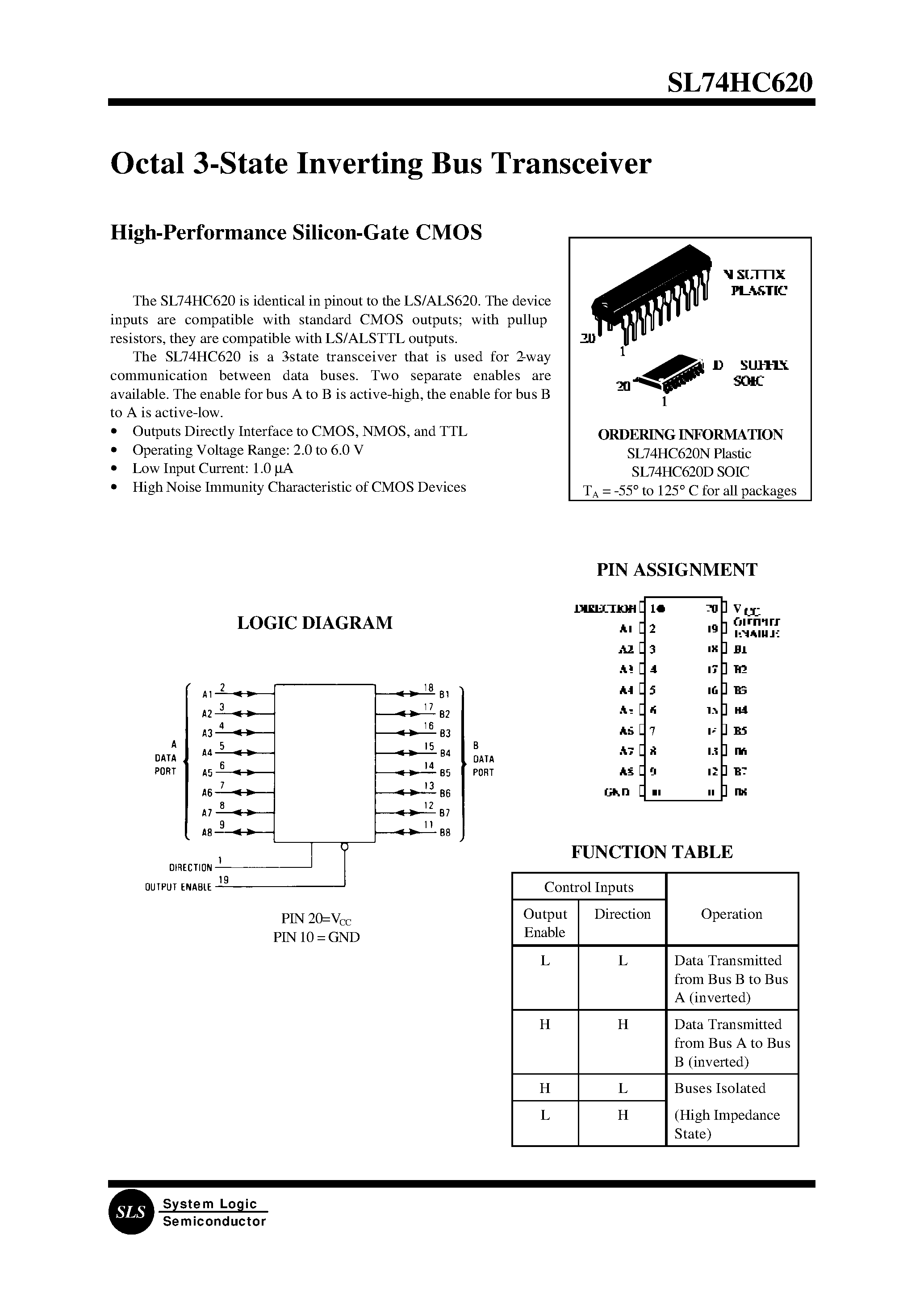 Datasheet SL74HC620D - Octal 3-State Inverting Bus Transceiver(High-Performance Silicon-Gate CMOS) page 1