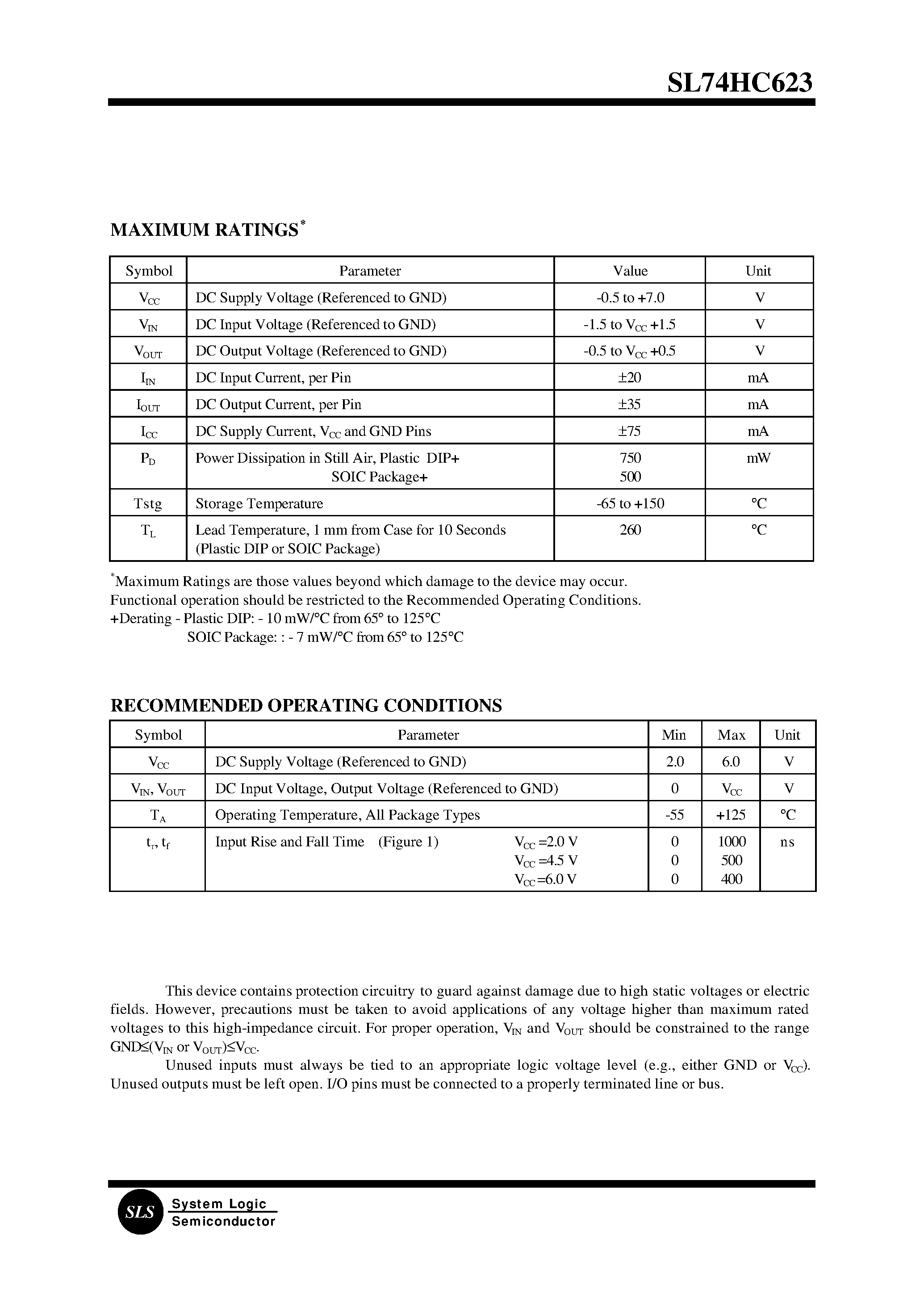 Datasheet SL74HC623 - Octal 3-State Noninverting Bus Transceiver(High-Performance Silicon-Gate CMOS) page 2