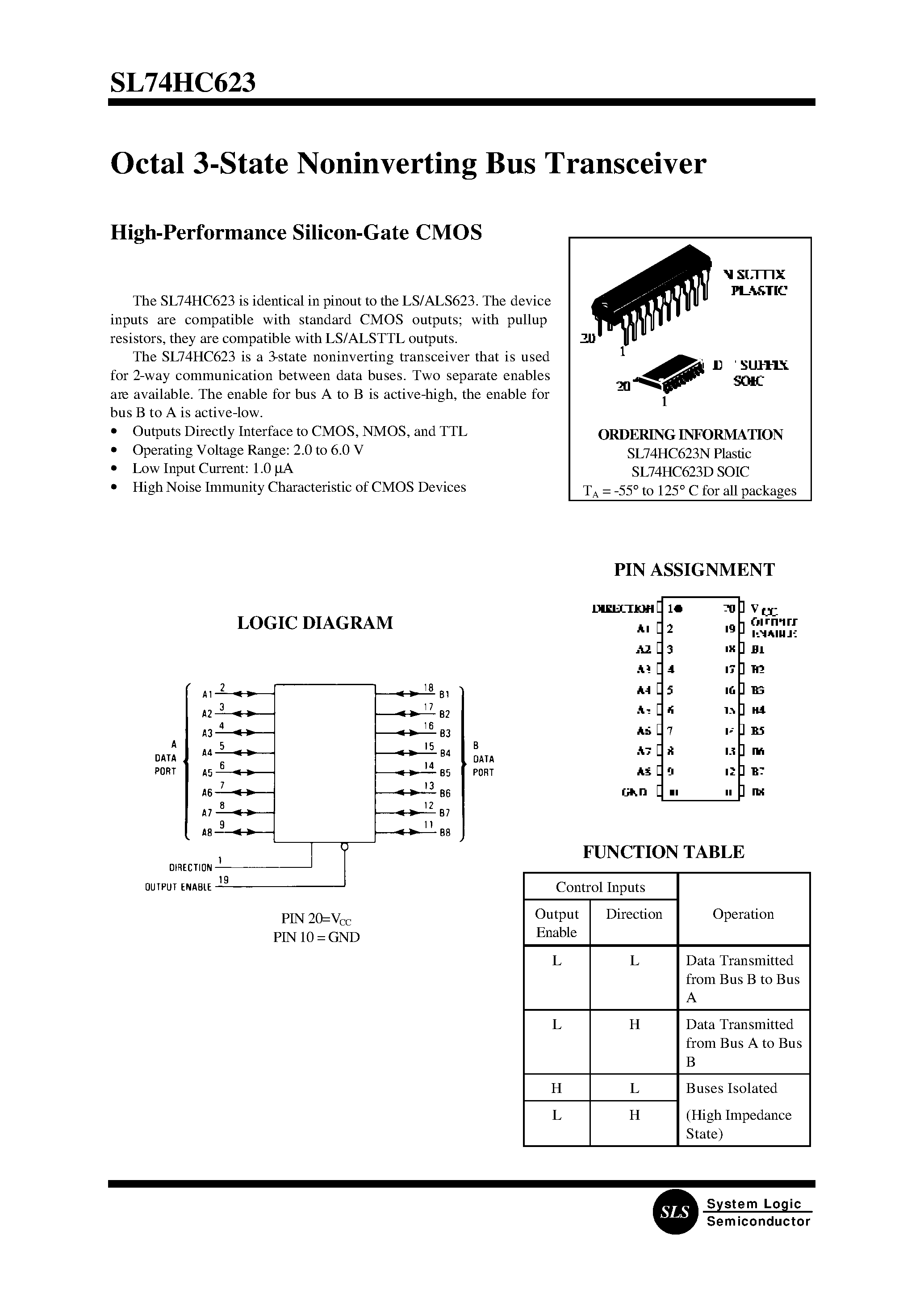 Datasheet SL74HC623N - Octal 3-State Noninverting Bus Transceiver(High-Performance Silicon-Gate CMOS) page 1