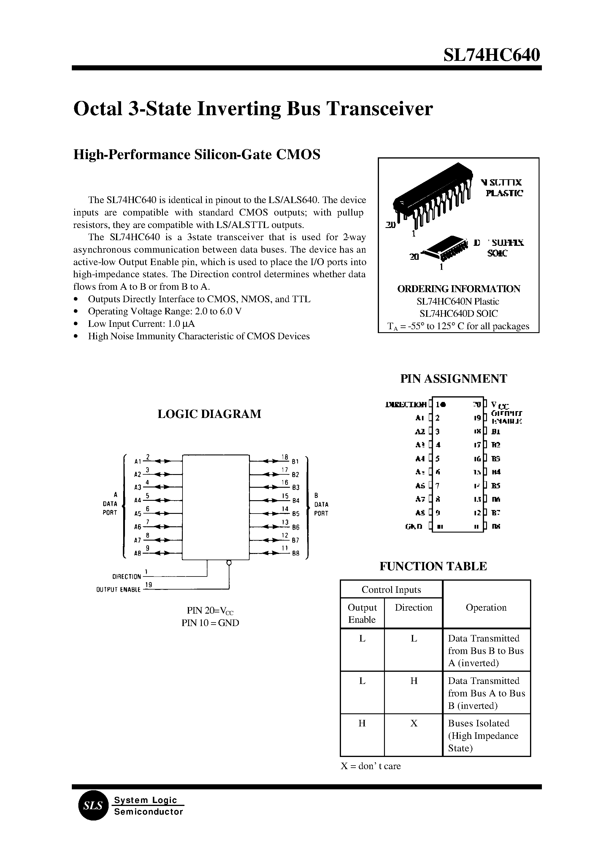 Datasheet SL74HC640 - Octal 3-State Inverting Bus Transceiver(High-Performance Silicon-Gate CMOS page 1