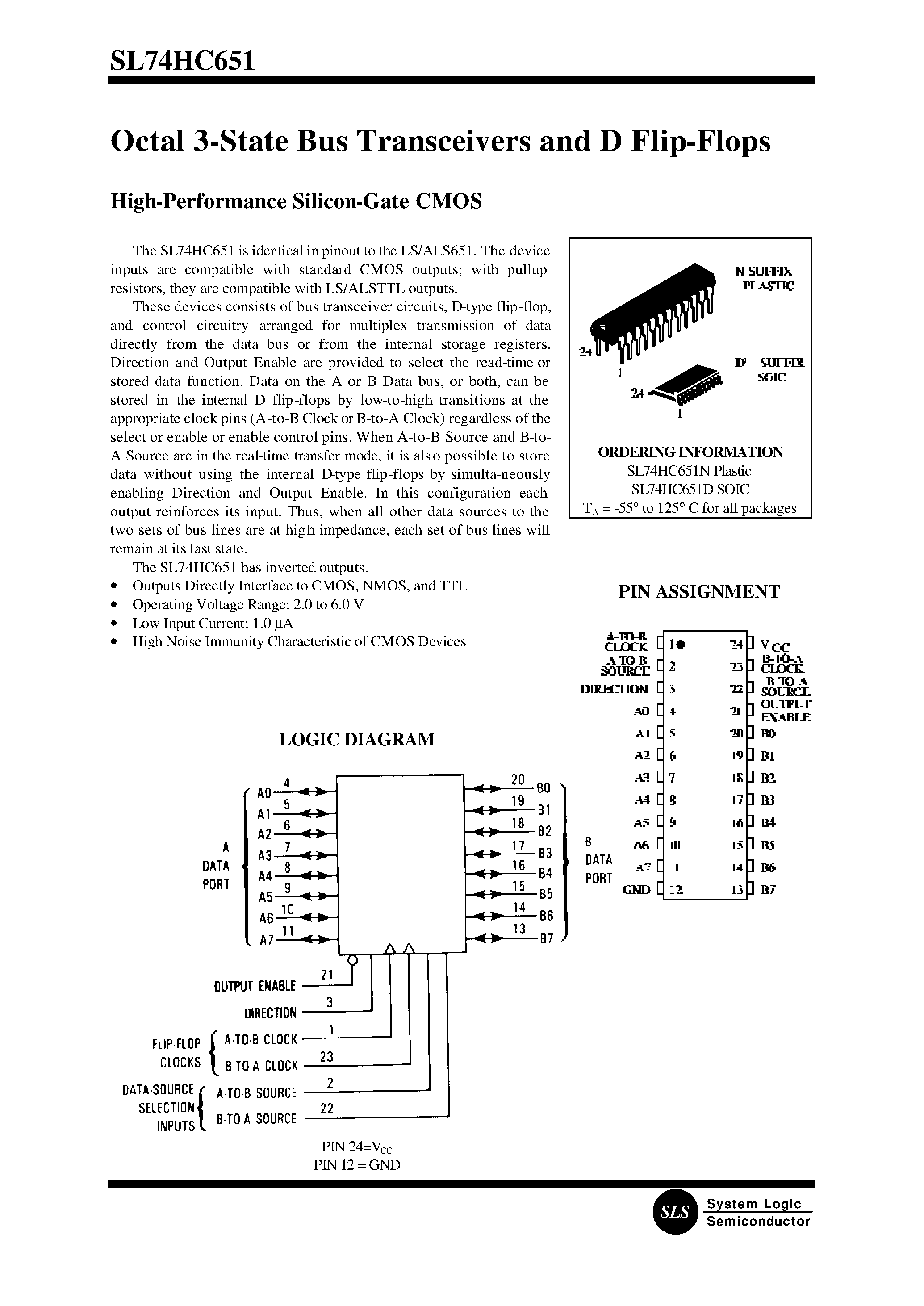Даташит SL74HC651D - Octal 3-State Bus Transceivers and D Flip-Flops(High-Performance Silicon-Gate CMOS) страница 1