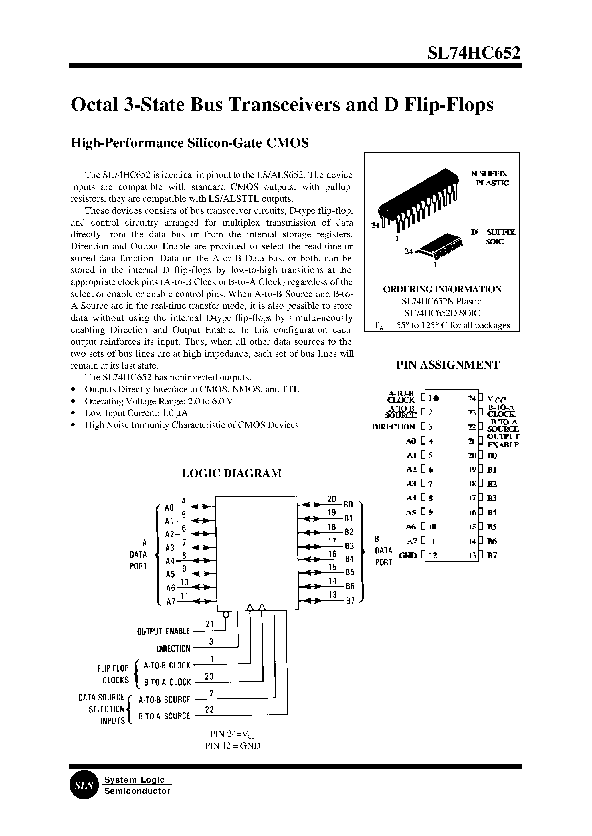 Даташит SL74HC652 - Octal 3-State Bus Transceivers and D Flip-Flops страница 1