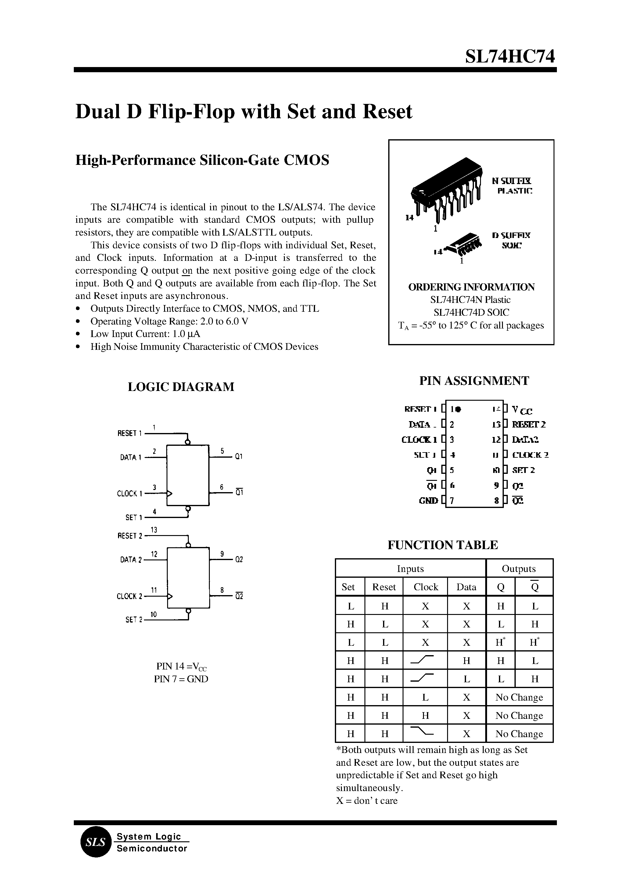 Даташит SL74HC74 - Dual D Flip-Flop with Set and Reset(High-Performance Silicon-Gate CMOS) страница 1
