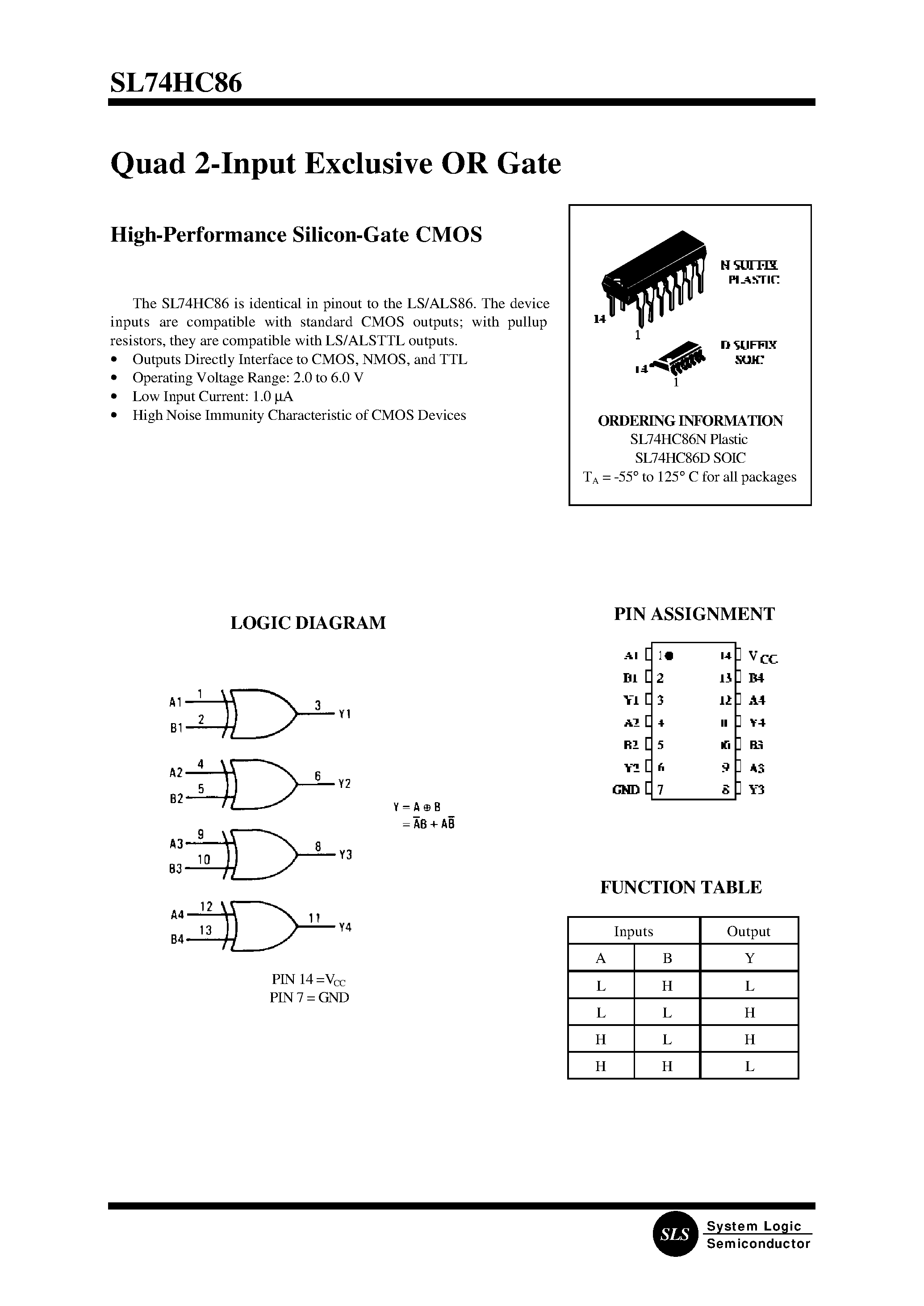 Datasheet SL74HC86 - Quad 2-Input Exclusive OR Gate(High-Performance Silicon-Gate CMOS) page 1
