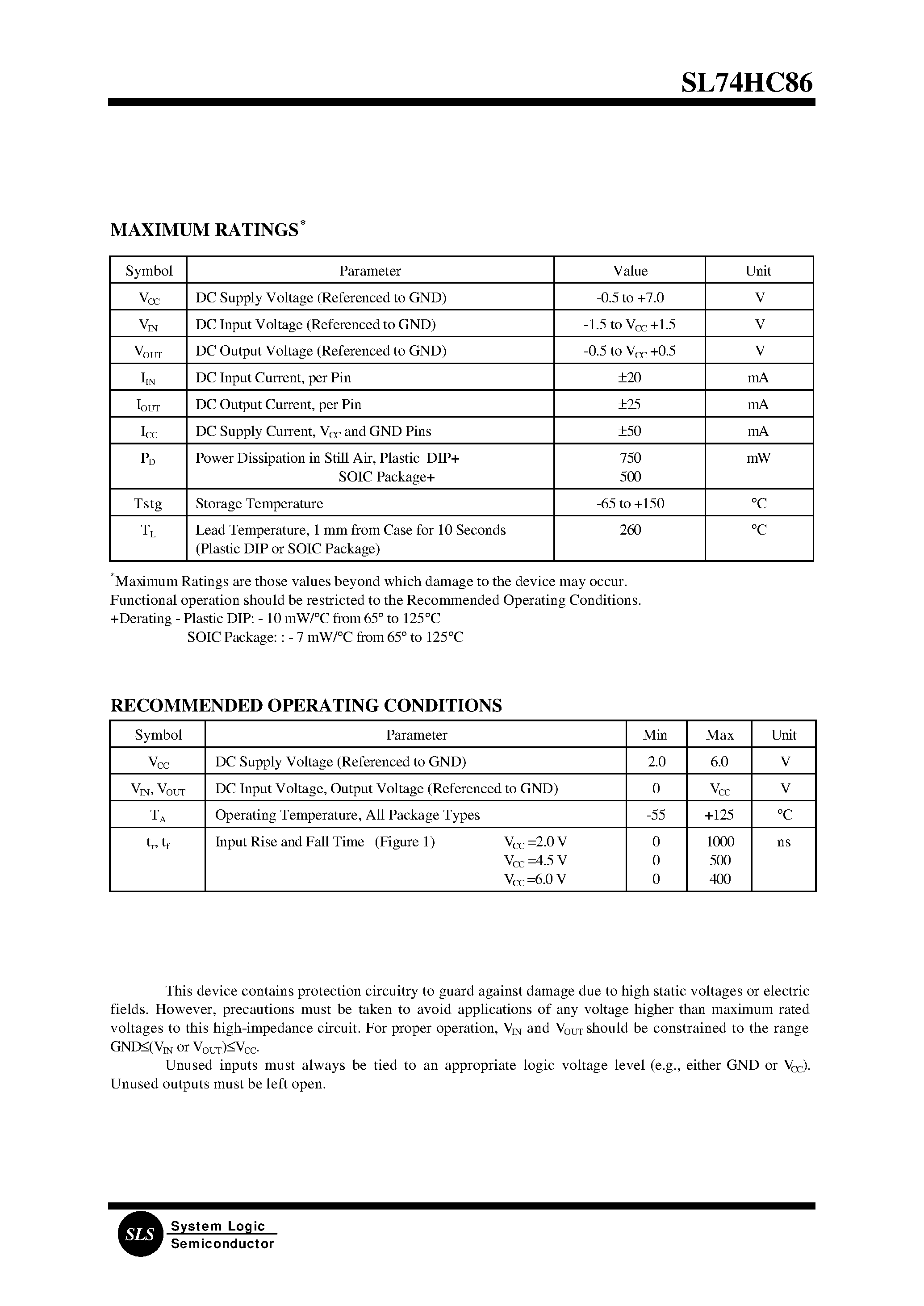 Datasheet SL74HC86 - Quad 2-Input Exclusive OR Gate(High-Performance Silicon-Gate CMOS) page 2