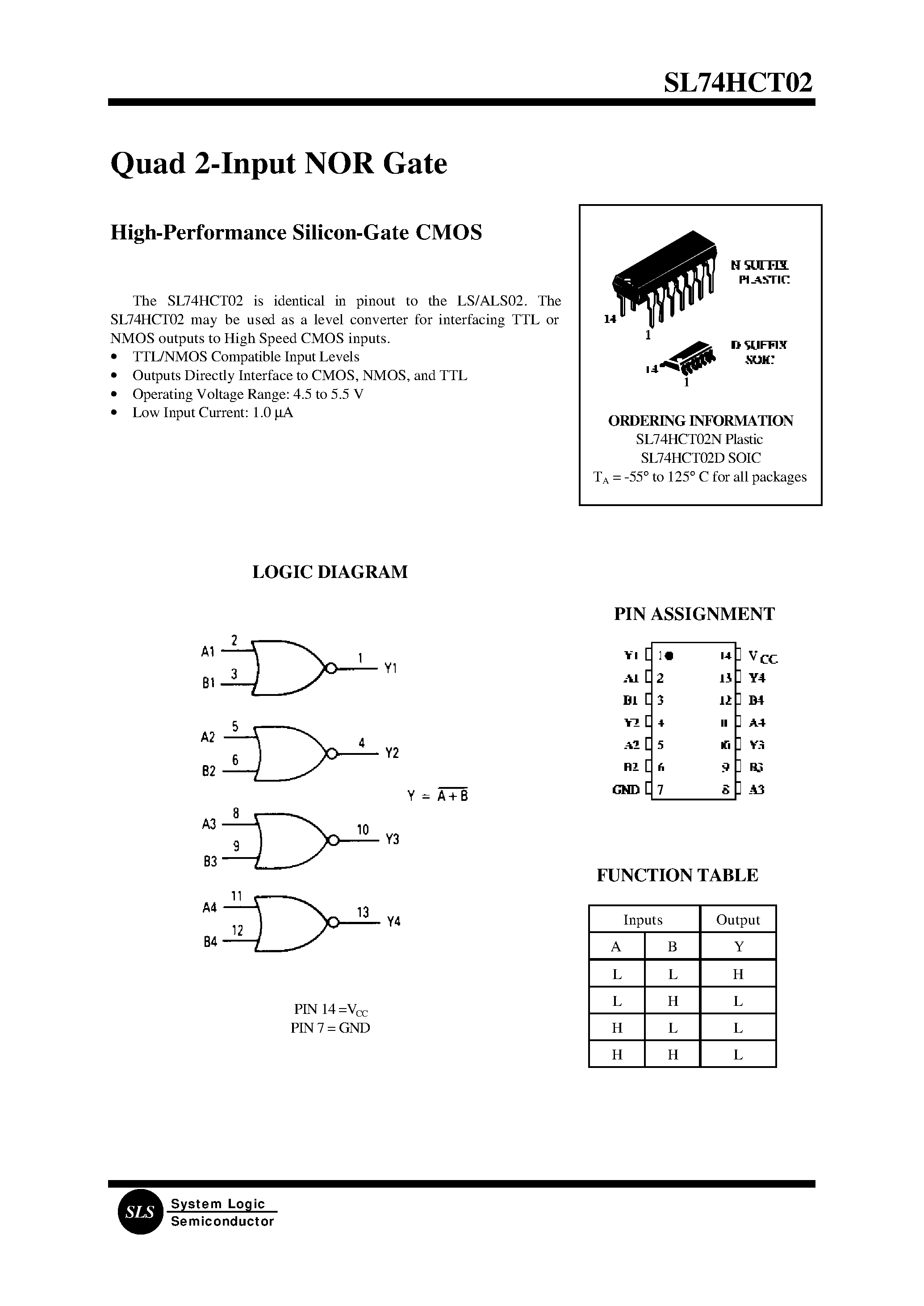 Datasheet SL74HCT02 page 1 Datasheet SL74HCT02 - Quad 2-Input NOR Gate(High-Performance Silicon-Gate CMOS) page 1