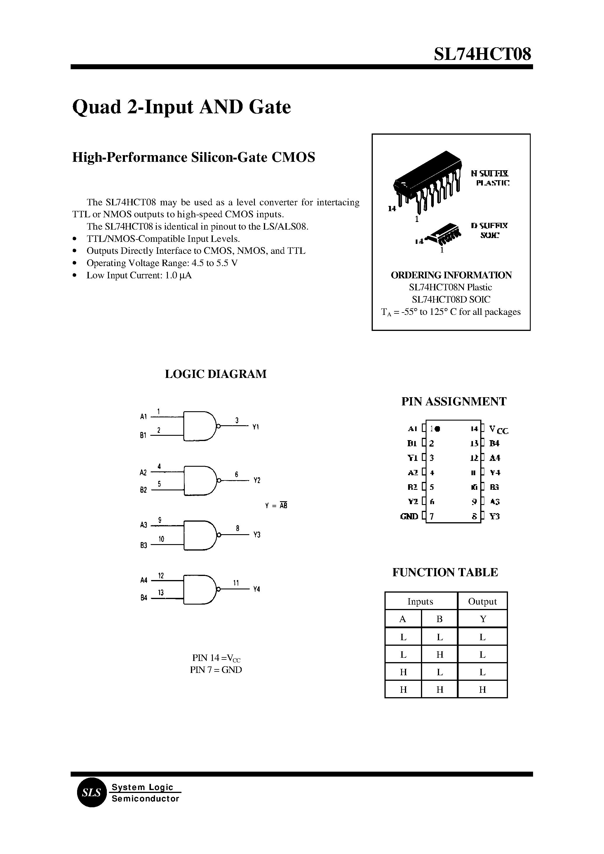 Datasheet SL74HCT08 page 1 Datasheet SL74HCT08 - Quad 2-Input AND Gate(High-Performance Silicon-Gate CMOS) page 1