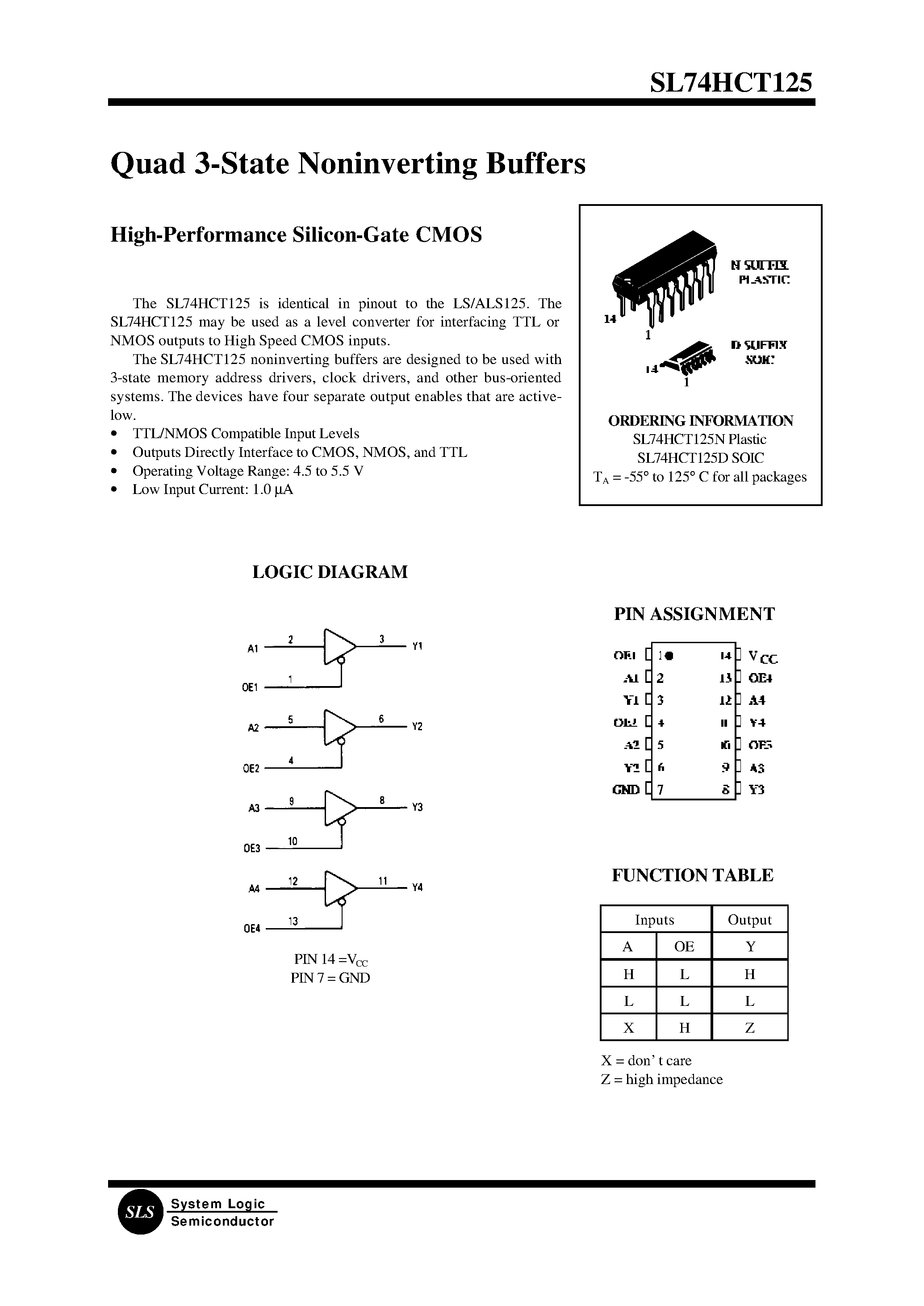 Datasheet SL74HCT125D - Quad 3-State Noninverting Buffers(High-Performance Silicon-Gate CMOS) page 1