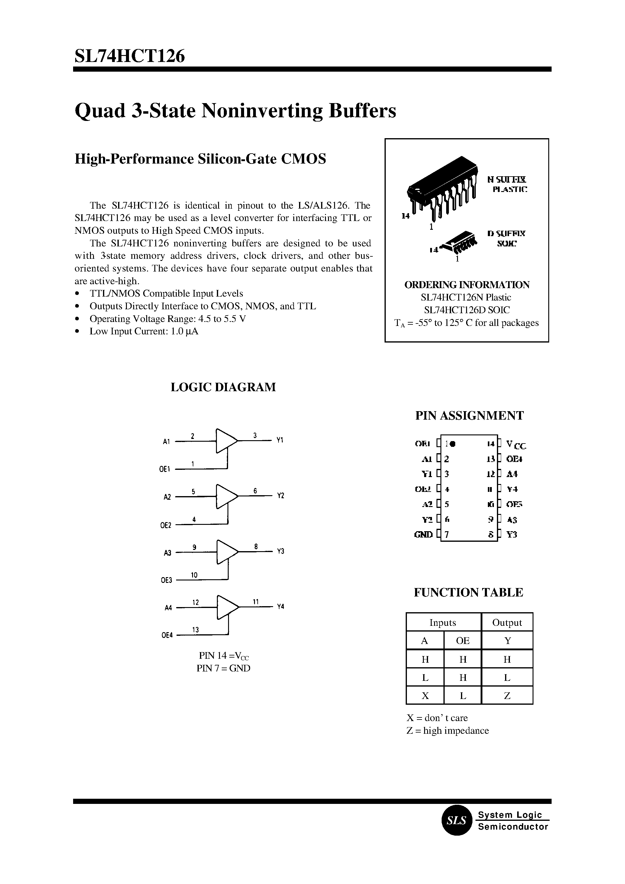 Datasheet SL74HCT126D - Quad 3-State Noninverting Buffers(High-Performance Silicon-Gate CMOS) page 1