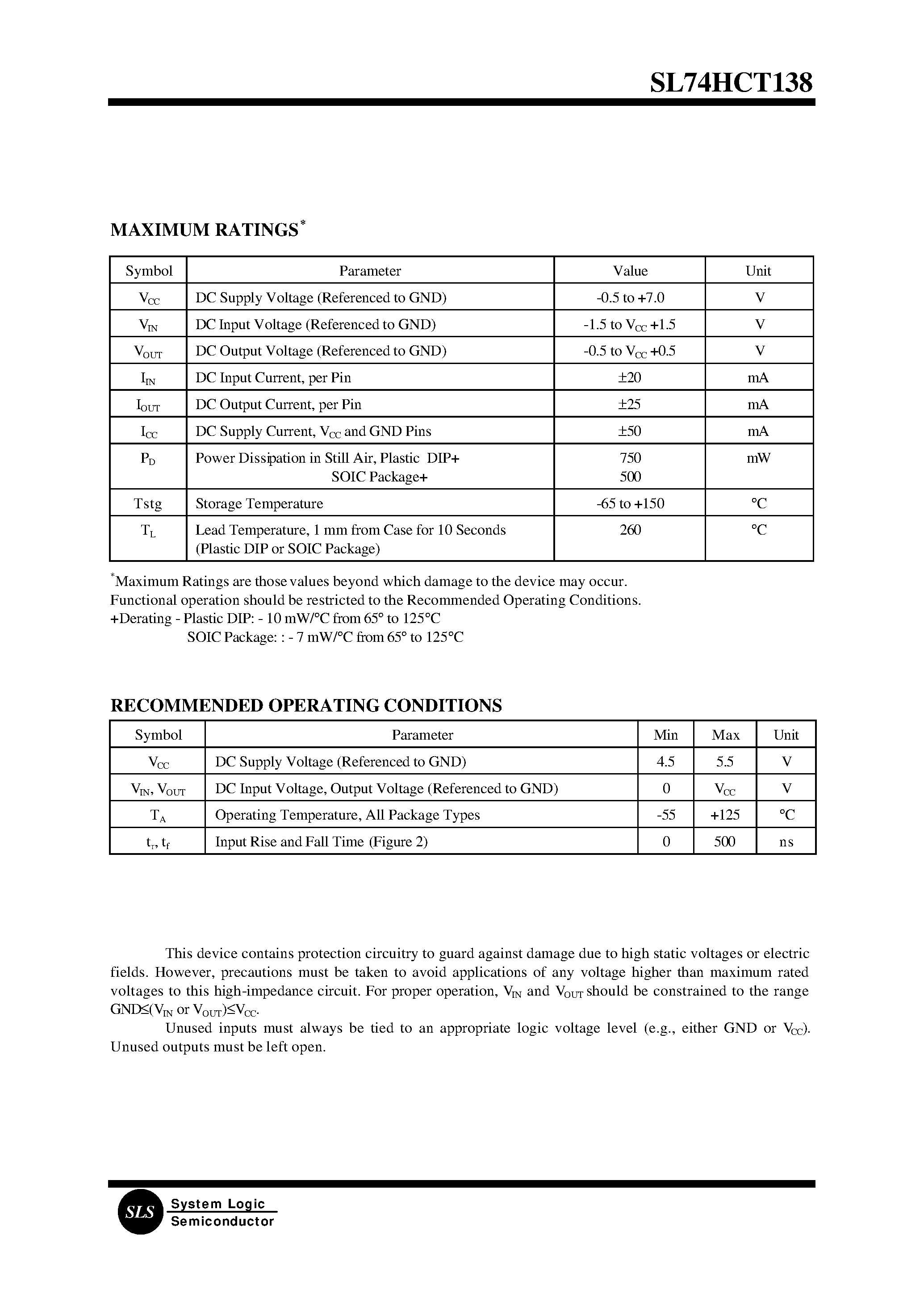 Datasheet SL74HCT138N - 1- of-8 Decoder/Demultiplexer(High-Performance Silicon-Gate CMOS) page 2
