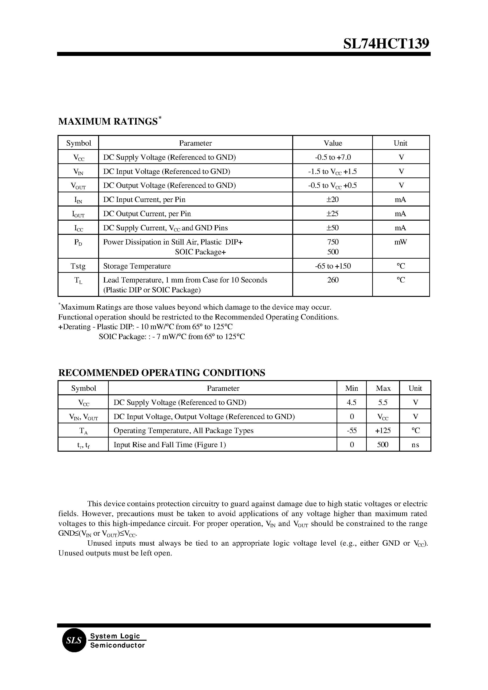 Datasheet SL74HCT139 - Dual 1-of-4 Decoder/Demultiplexer(High-Performance Silicon-Gate CMOS) page 2